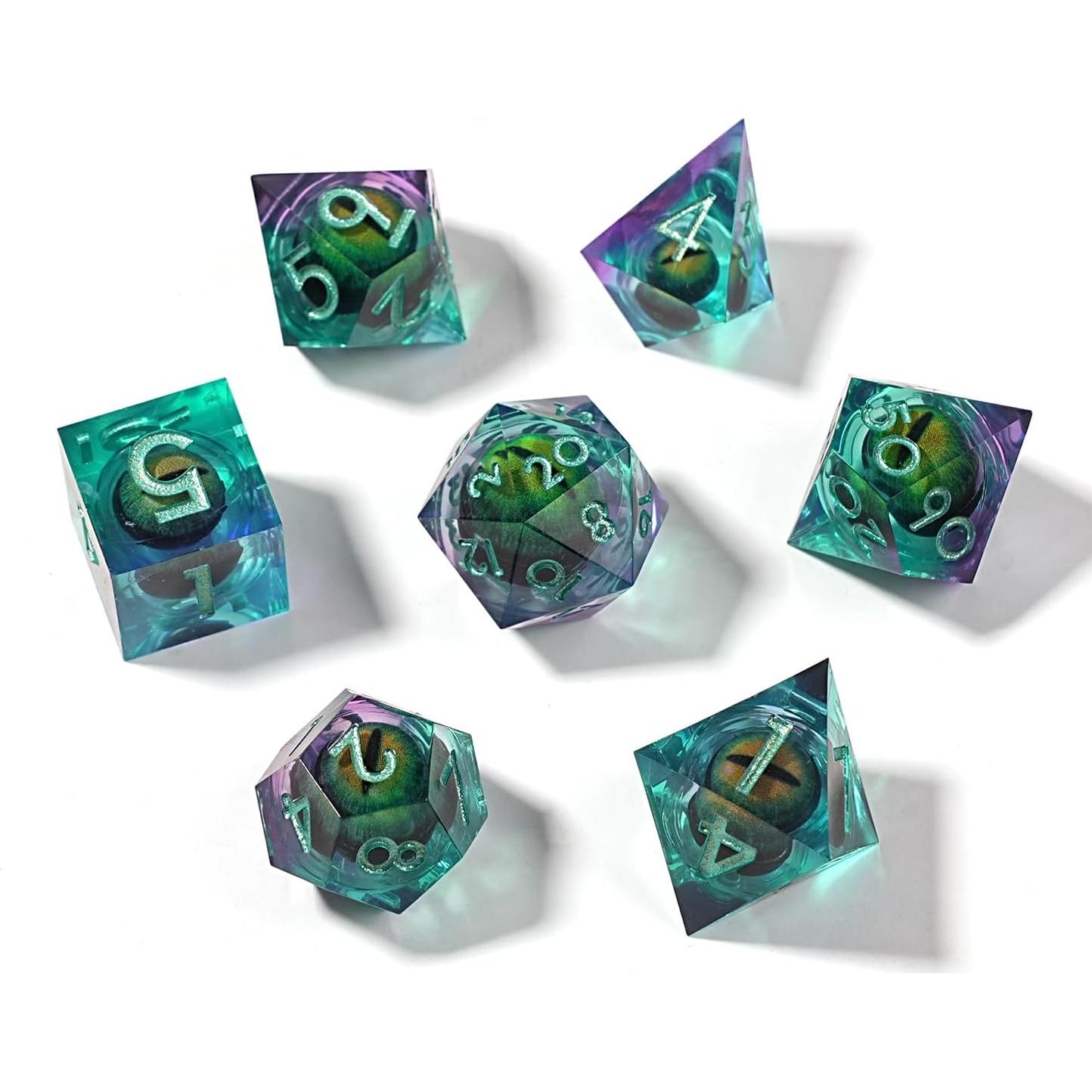 Juego de Dados Ojo de Dragón DnD 7 Pcs Resina Verde y Negro