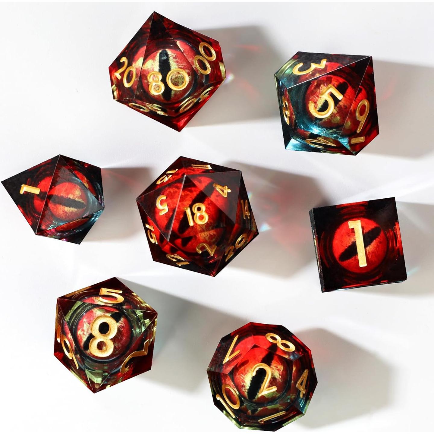 Conjunto de Dados DND Liquid Core Dragon Eye 7 pcs Resina Rojo