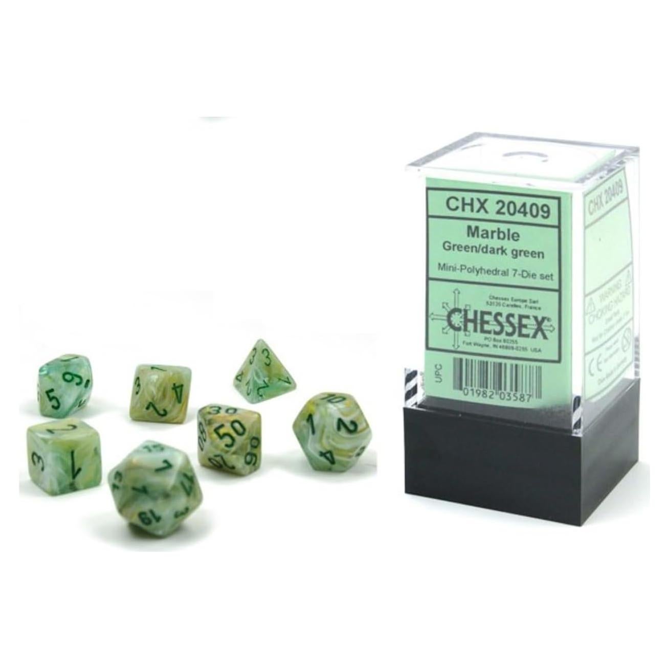 Juego de Dados Poliedricos Chessex Verde Mármol 10mm - 7 Piezas D&D
