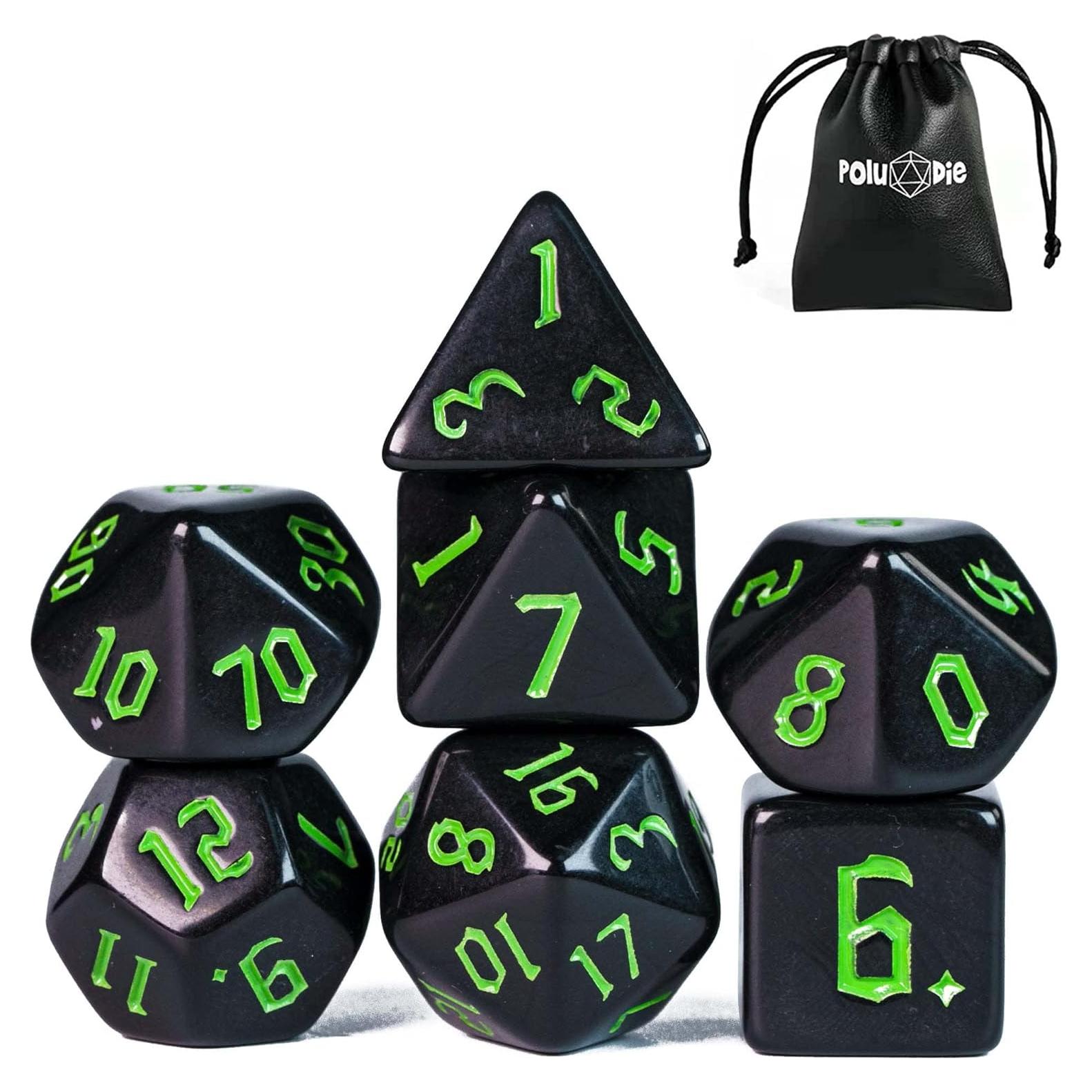 Juego de Dados DND 7 Piezas Poludie con Bolsa de Cuero Negro