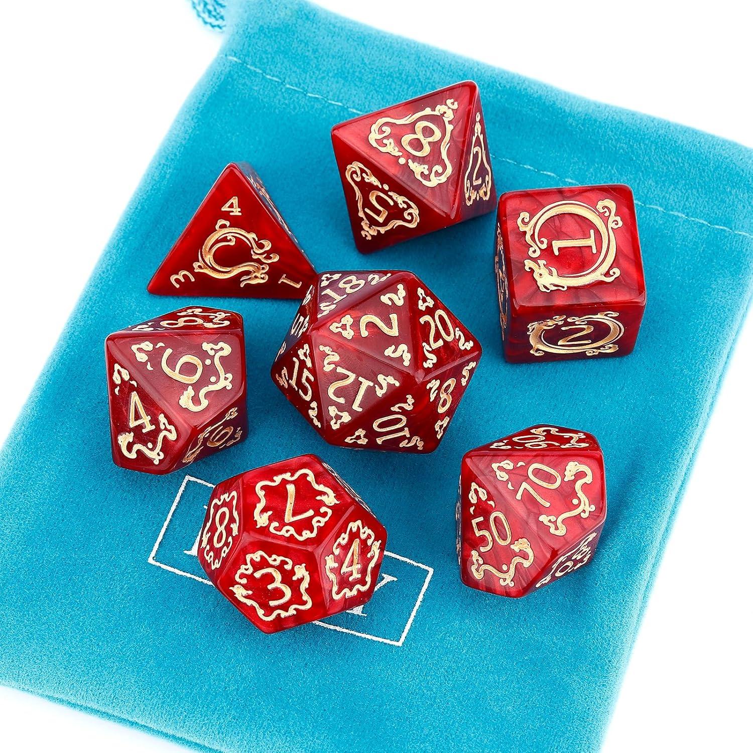 Conjunto de Dados DND PJOY Rojo con Bolsa - 7 Piezas