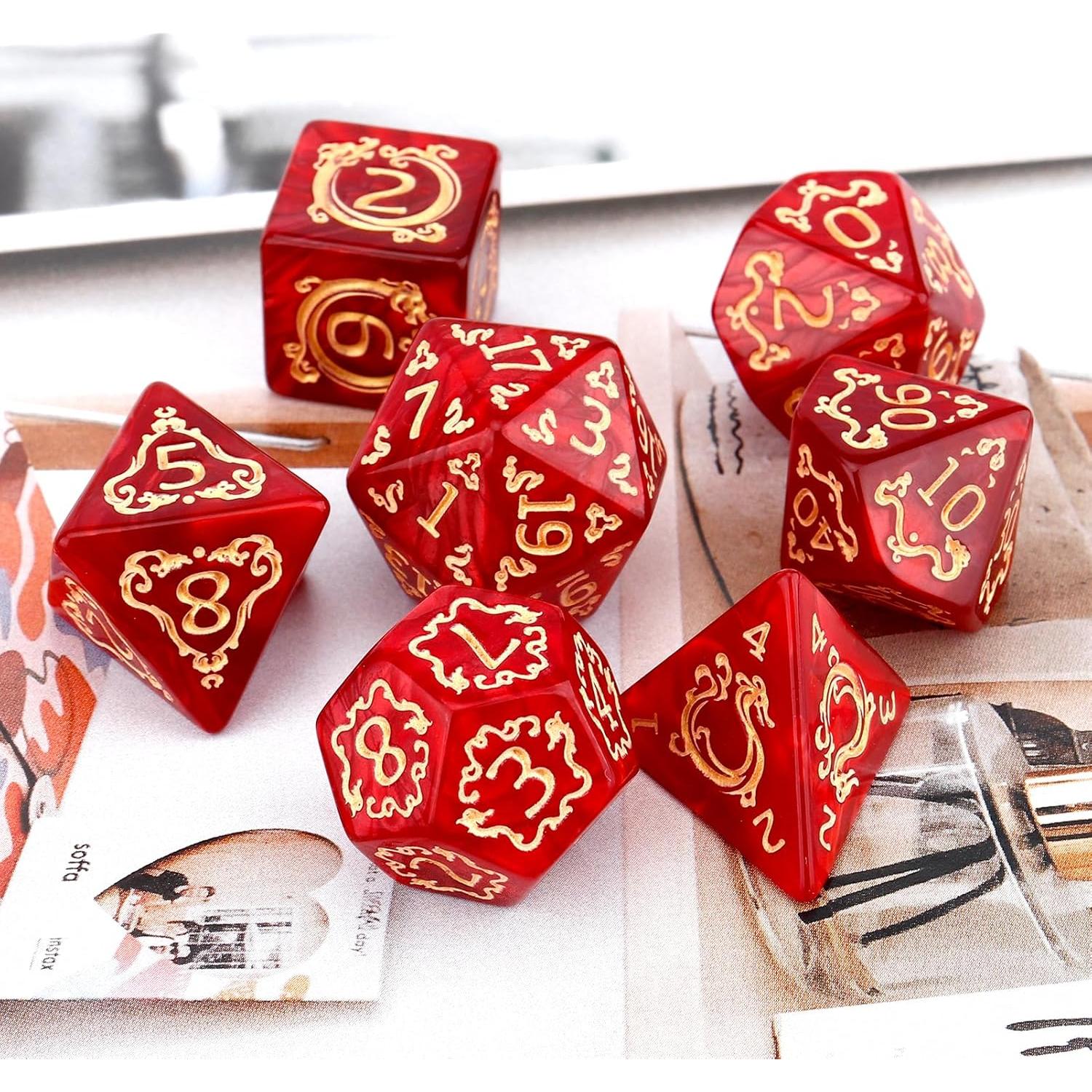 Conjunto de Dados DND PJOY Rojo con Bolsa - 7 Piezas