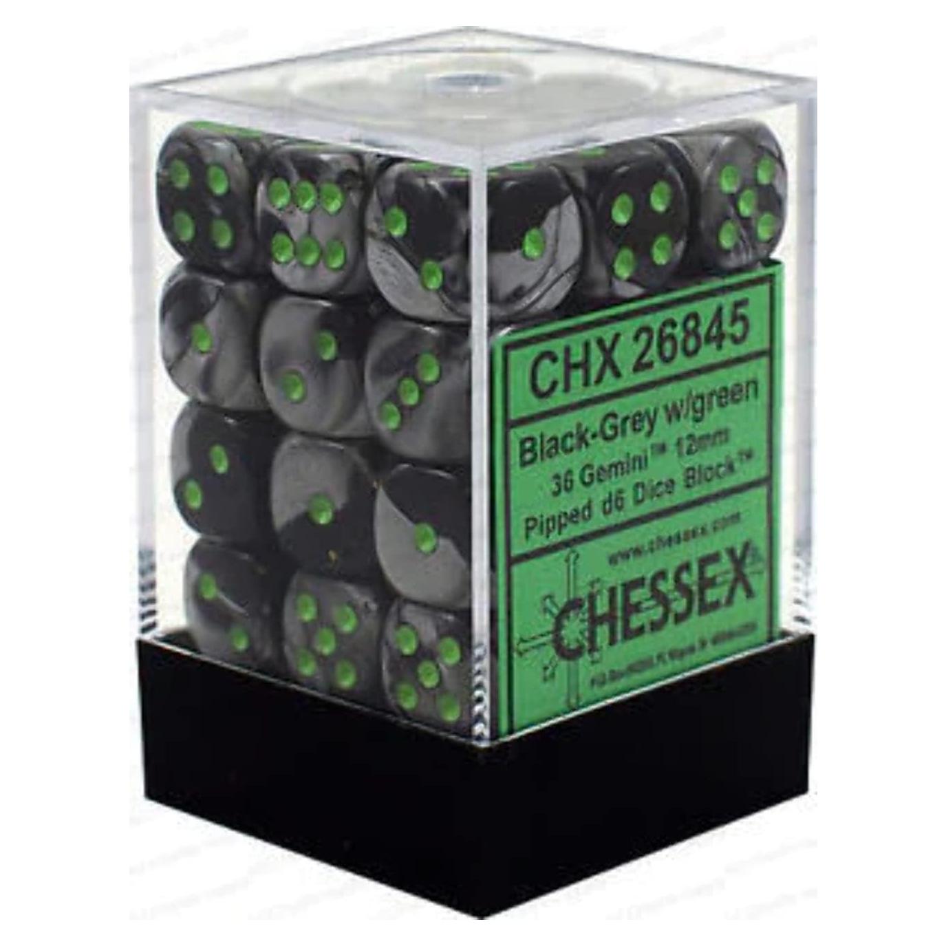 Dados Chessex Gemini 36D6 Negro-Gris/Verde 45g