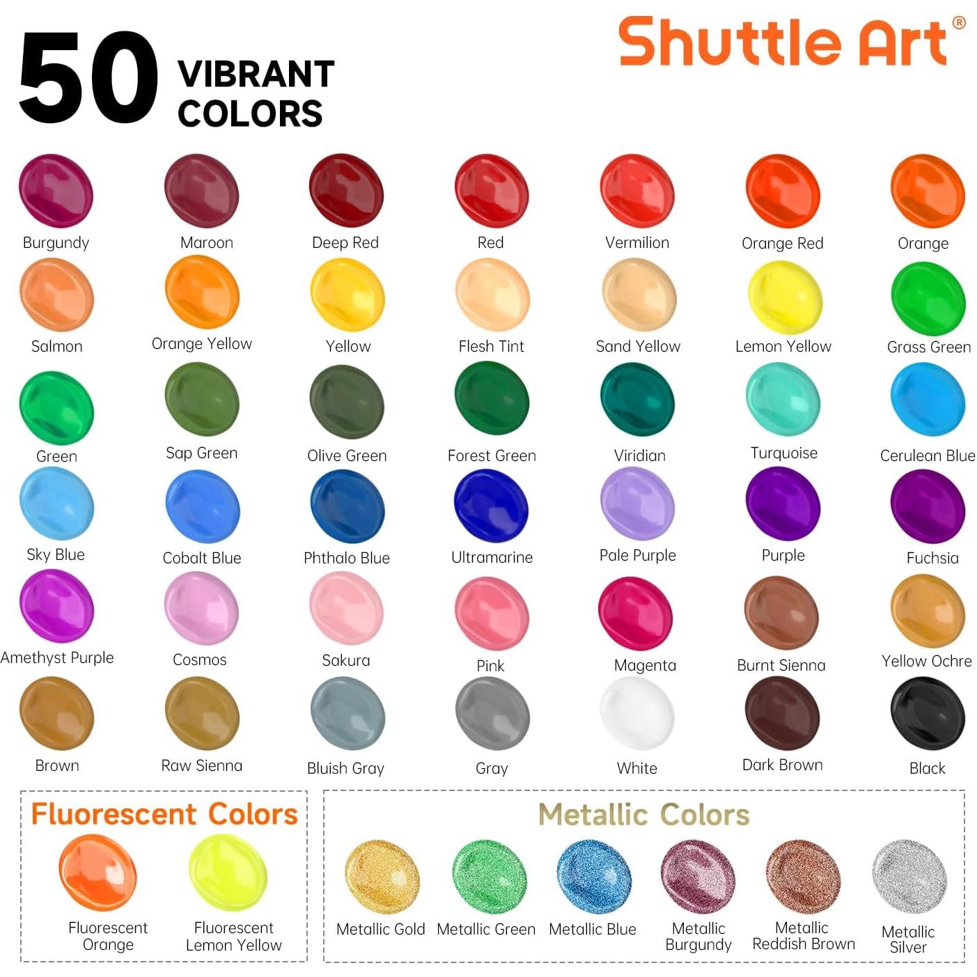 Set de 50 Pinturas Acrílicas Shuttle Art 60ml, No Tóxicas