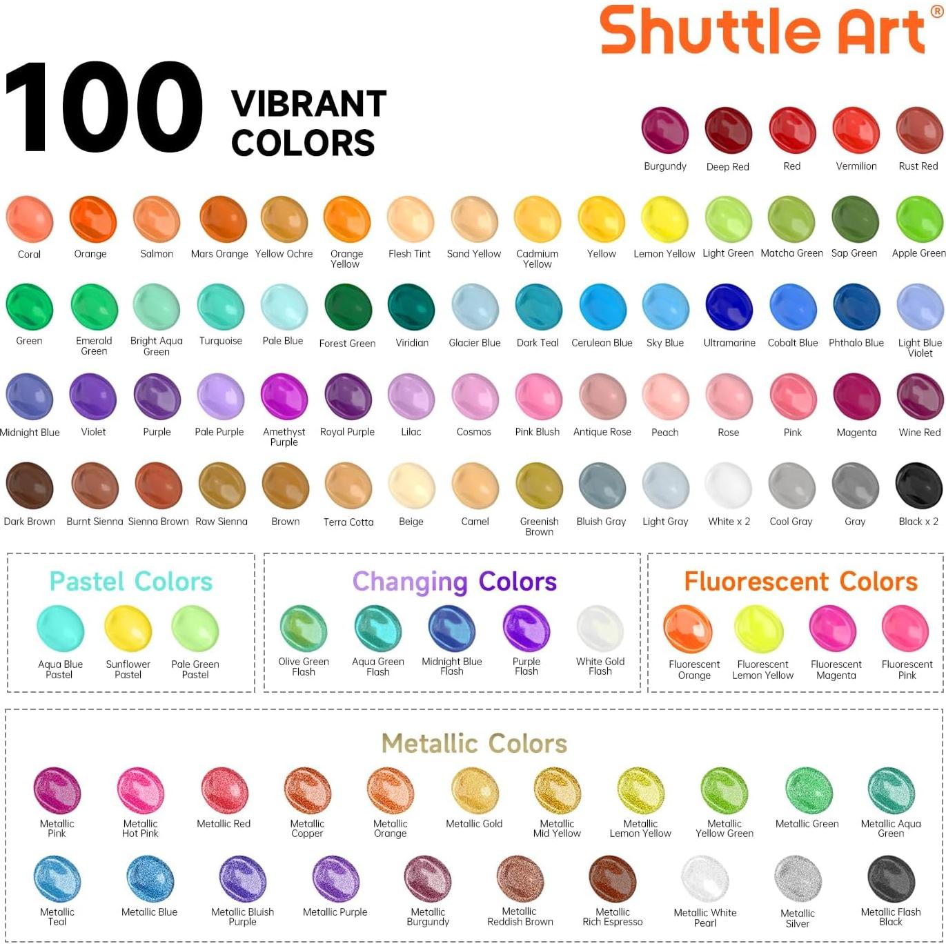 Set de Pintura Acrílica Shuttle Art 100 Colores 60ml con Pinceles