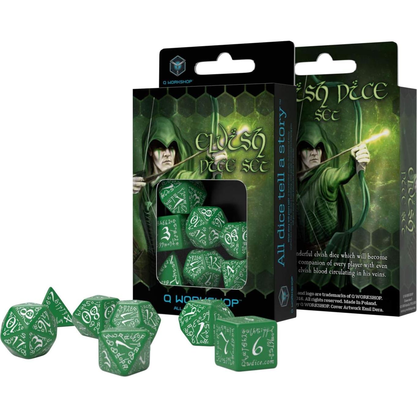 Set de 7 Dados Élficos Verde y Blanco Q-Workshop