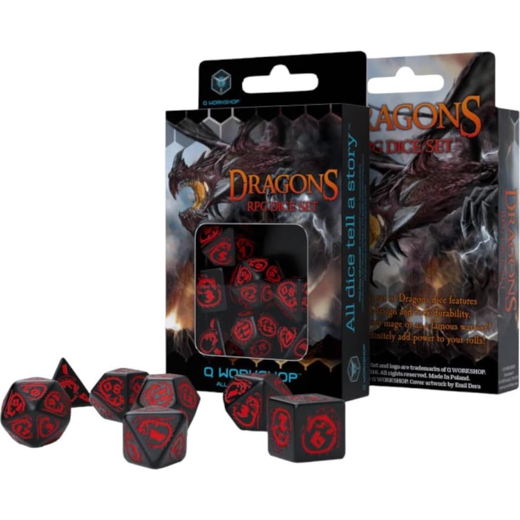Juego de Dados RPG Q Workshop Dragón Negro y Rojo 7 Piezas