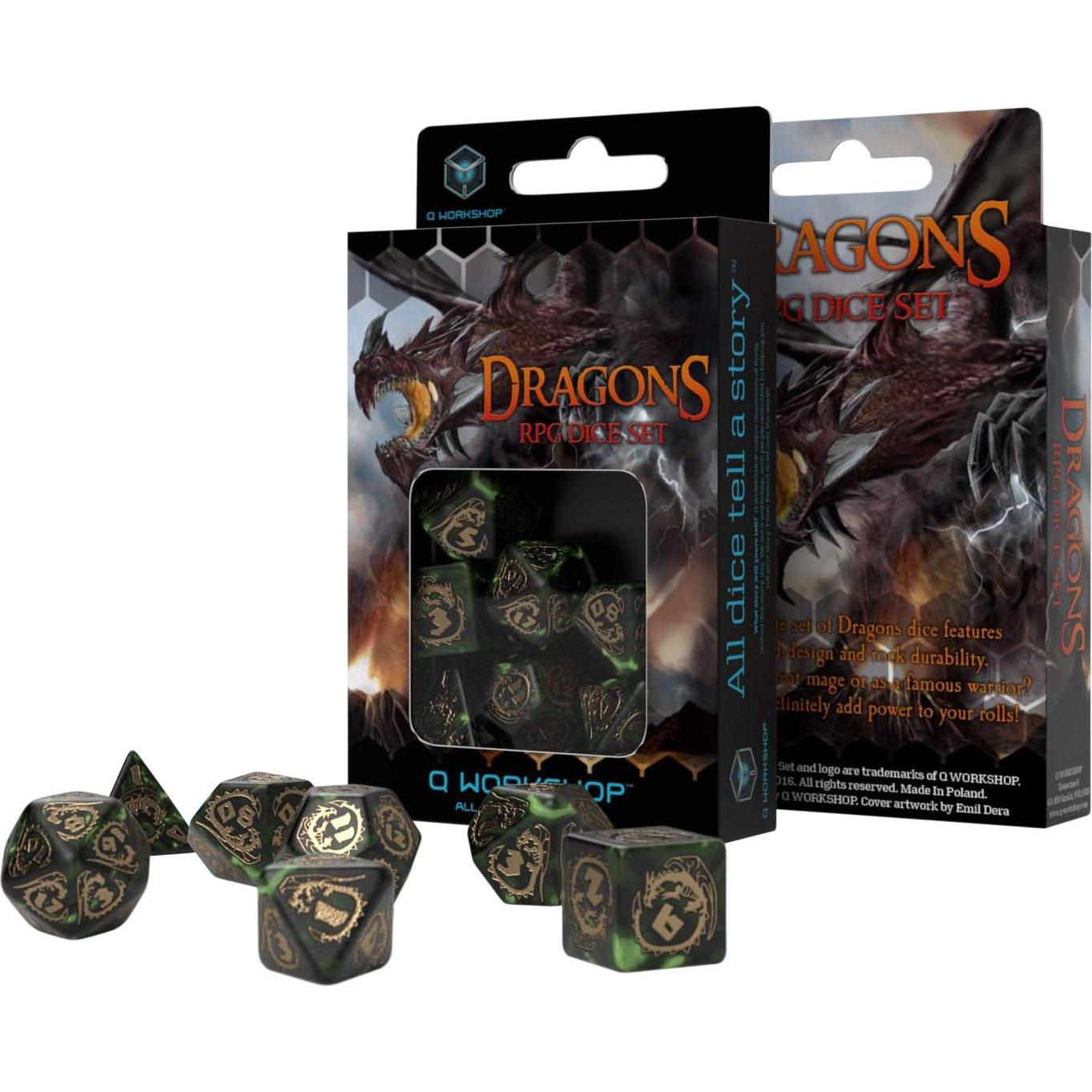 Juego de Dados RPG Q WORKSHOP Dragón Verde y Dorado 7 Piezas