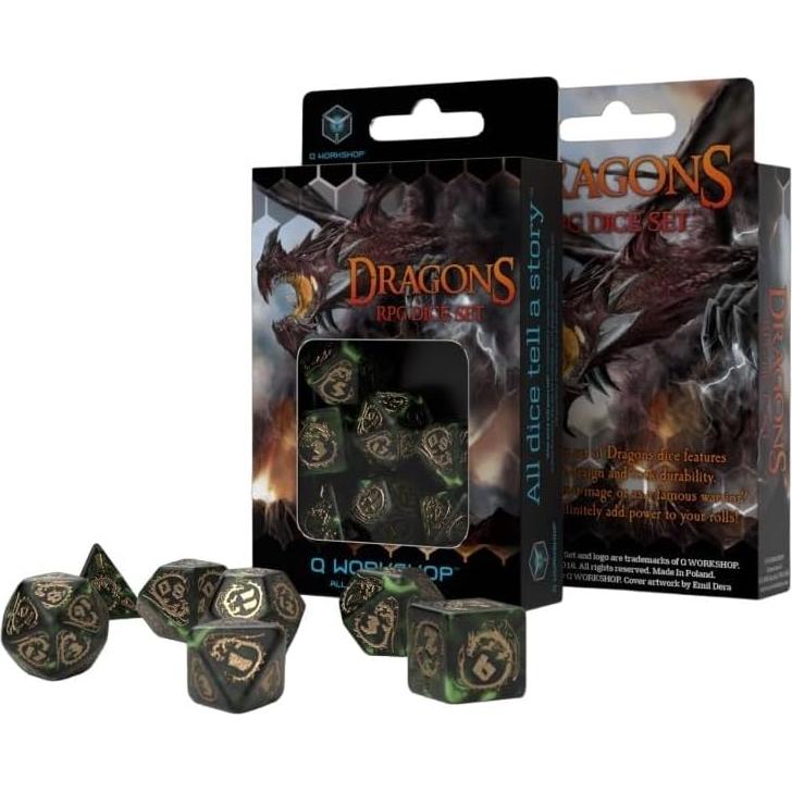 Juego de Dados RPG Q WORKSHOP Dragón Verde y Dorado 7 Piezas