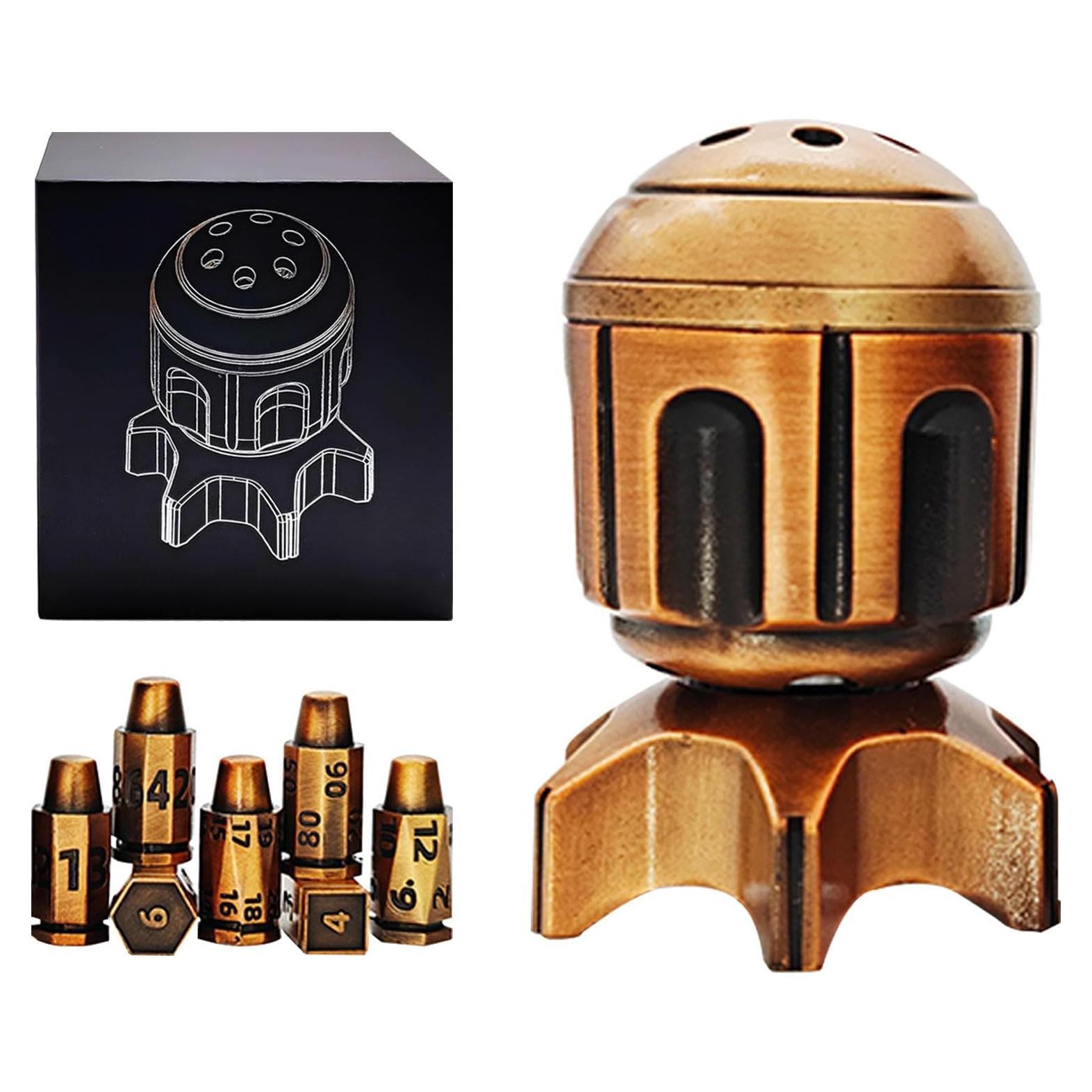 Lanzador de Dados DnD Metálico FLUEFOWL con 7 Dados y Estuche