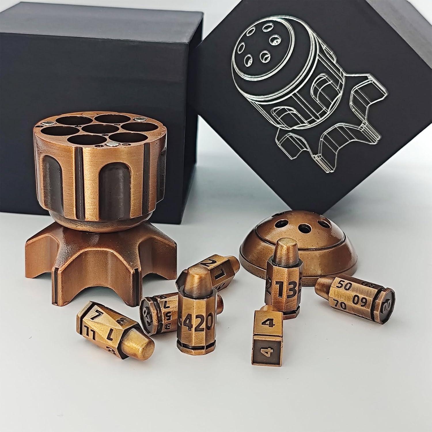 Lanzador de Dados DnD Metálico FLUEFOWL con 7 Dados y Estuche