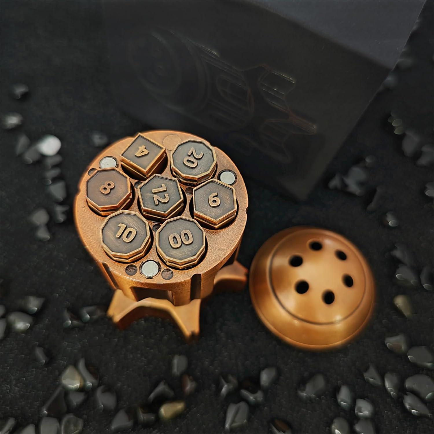 Lanzador de Dados DnD Metálico FLUEFOWL con 7 Dados y Estuche