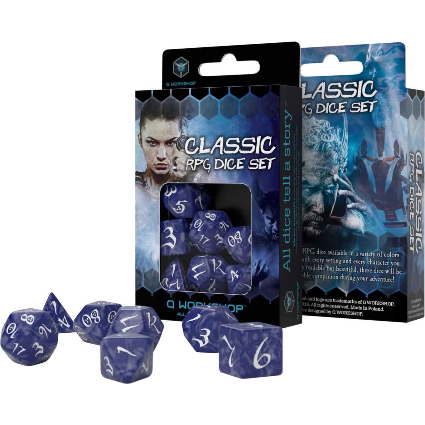 Conjunto de Dados RPG Clásicos Q-WORKSHOP Cobalto y Blanco 7 Piezas