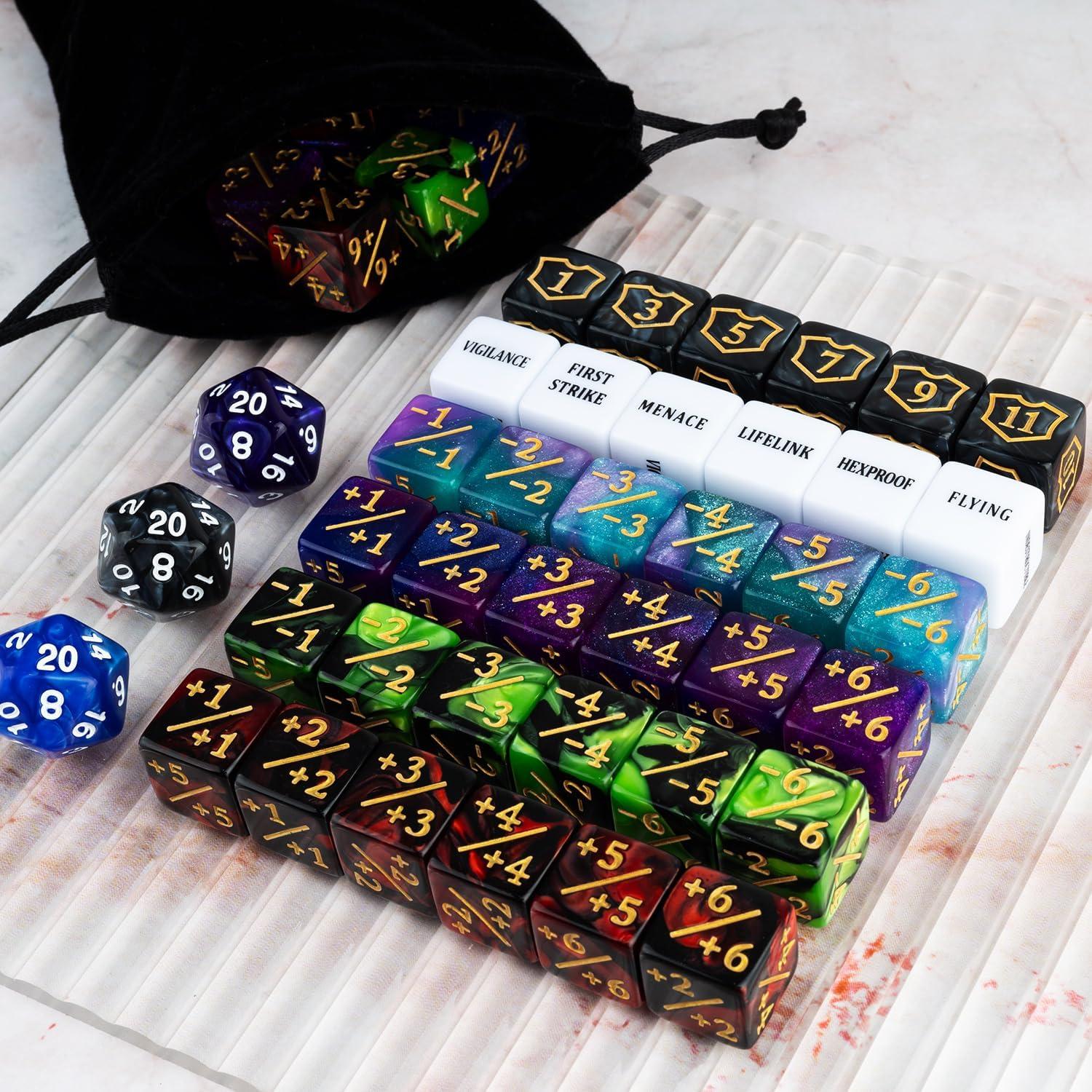 Set de 63 Contadores de Dados MTG con Bolsa de Terciopelo