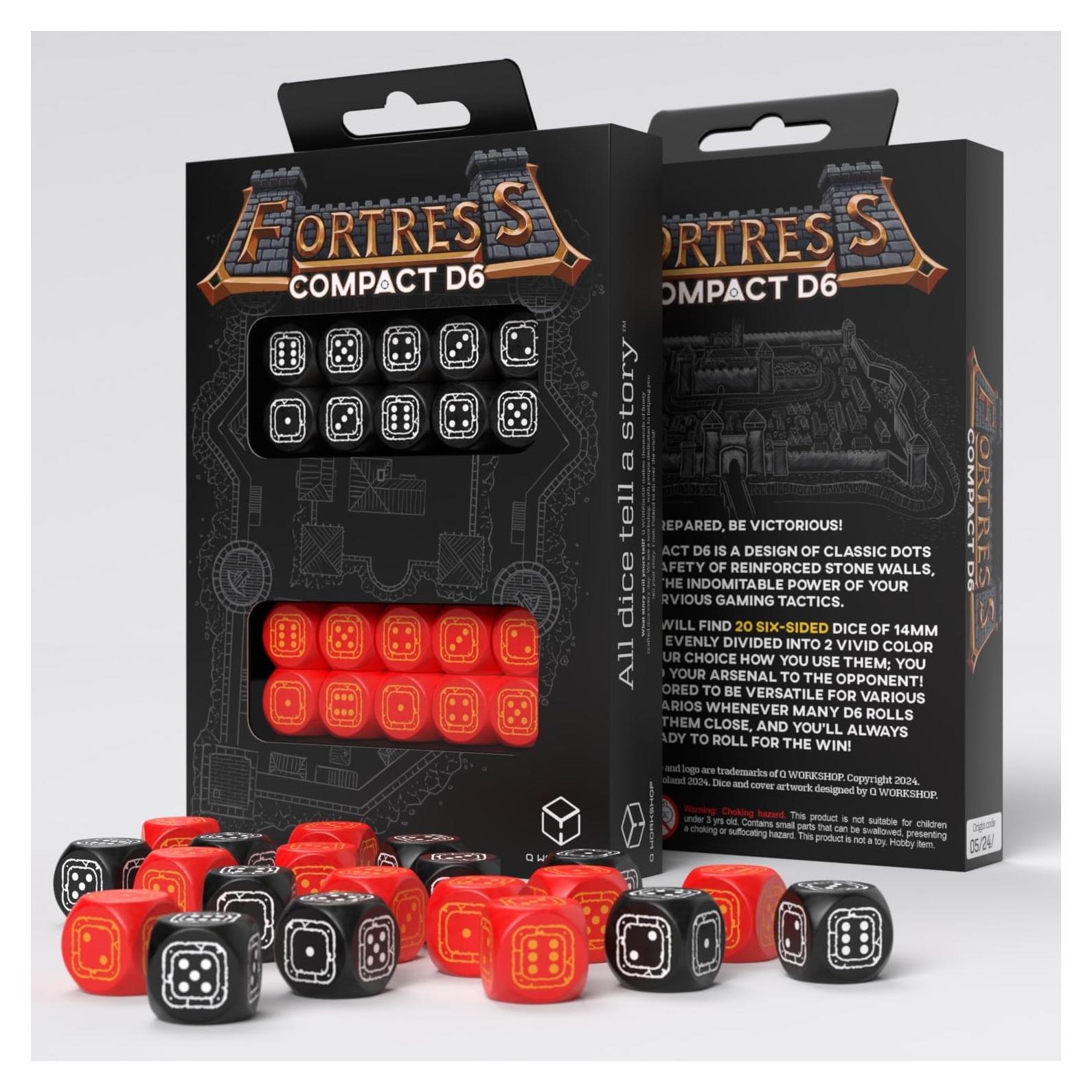Dados D6 Fortaleza Compacta Q-Workshop Negro y Rojo 20 Piezas