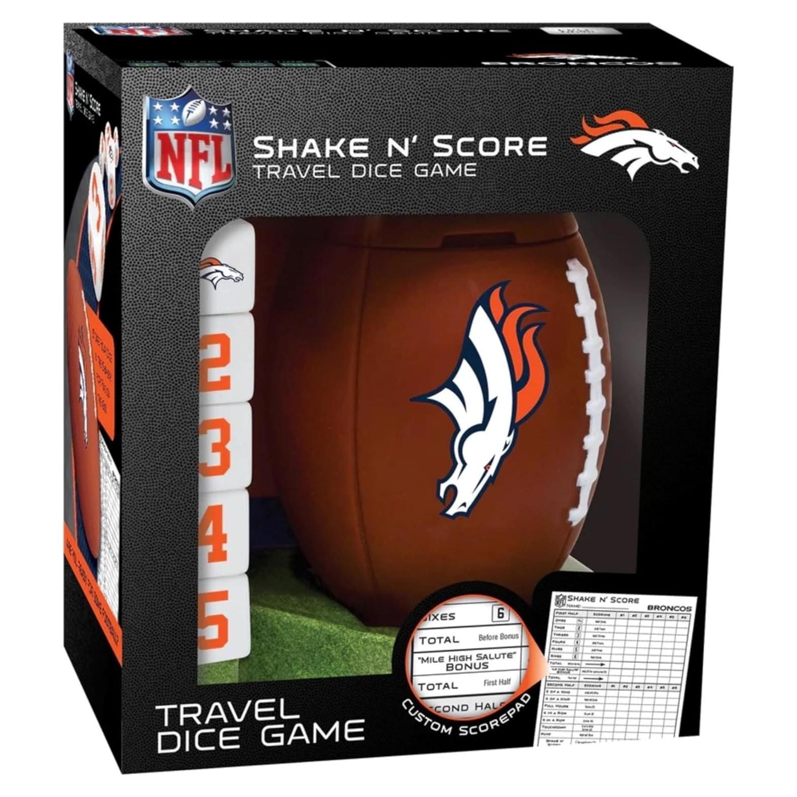 Juego de Dados de Viaje MasterPieces Denver Broncos Shake N' Score