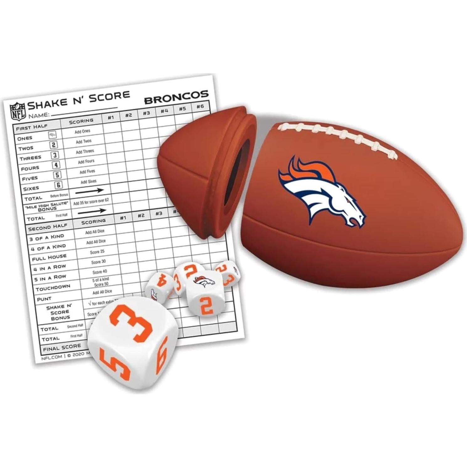 Juego de Dados de Viaje MasterPieces Denver Broncos Shake N' Score