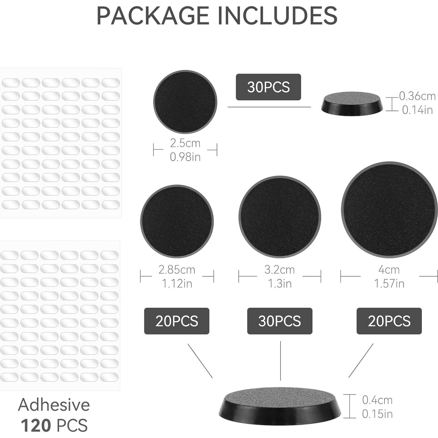 100PCS Bases Redondas Plástico Texturizado Negro TITAWU 4 Tamaños
