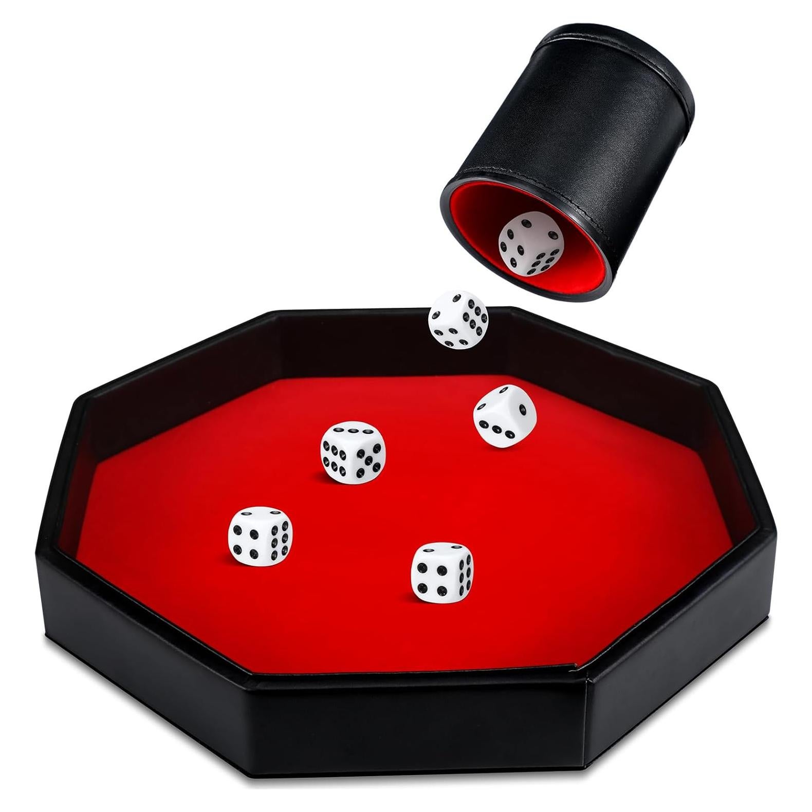 Juego de Dados 8 Piezas con Bandeja de Cuero PU Rojo