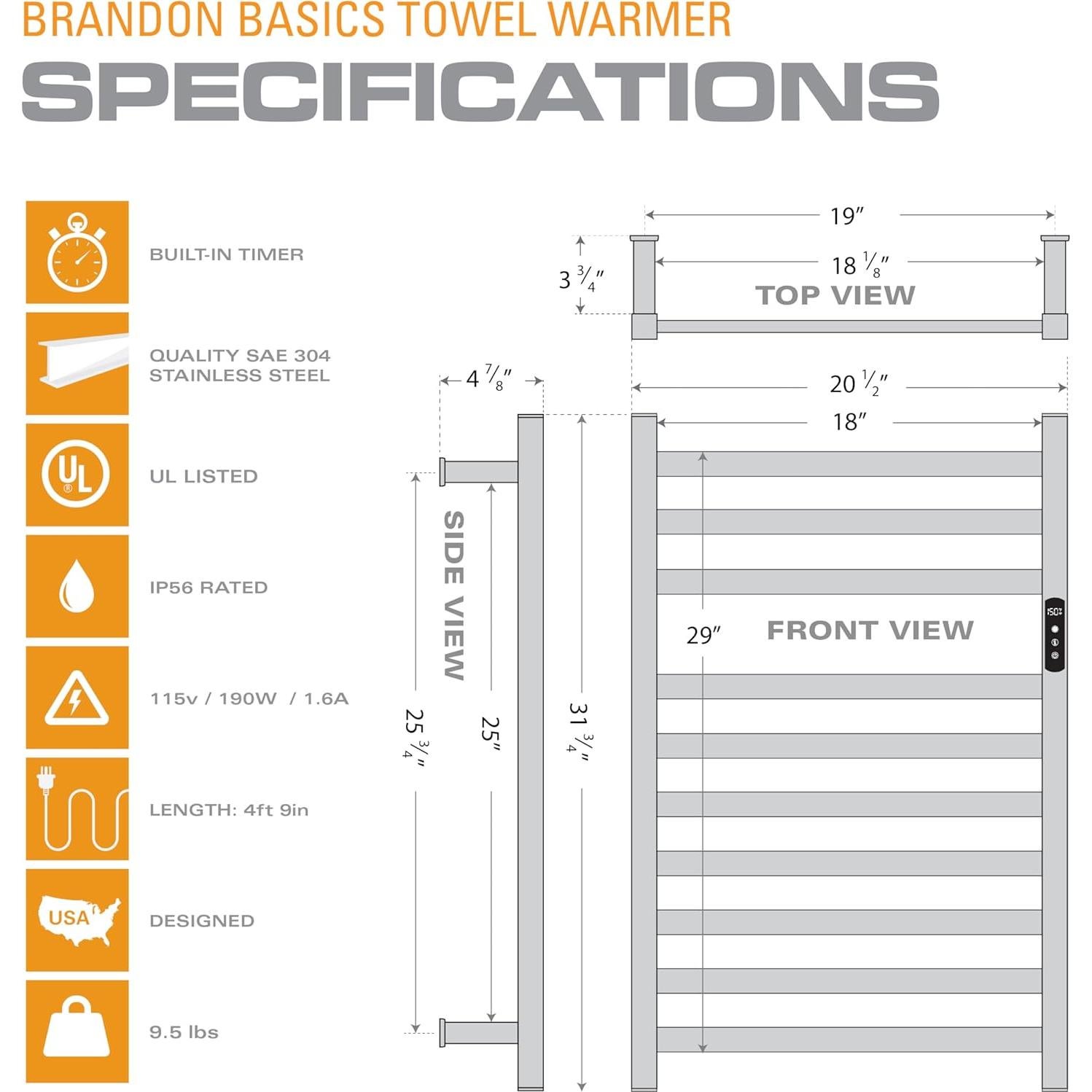 Calentador de Toallas Brandon Basics Wi-Fi 190W Latón Mate