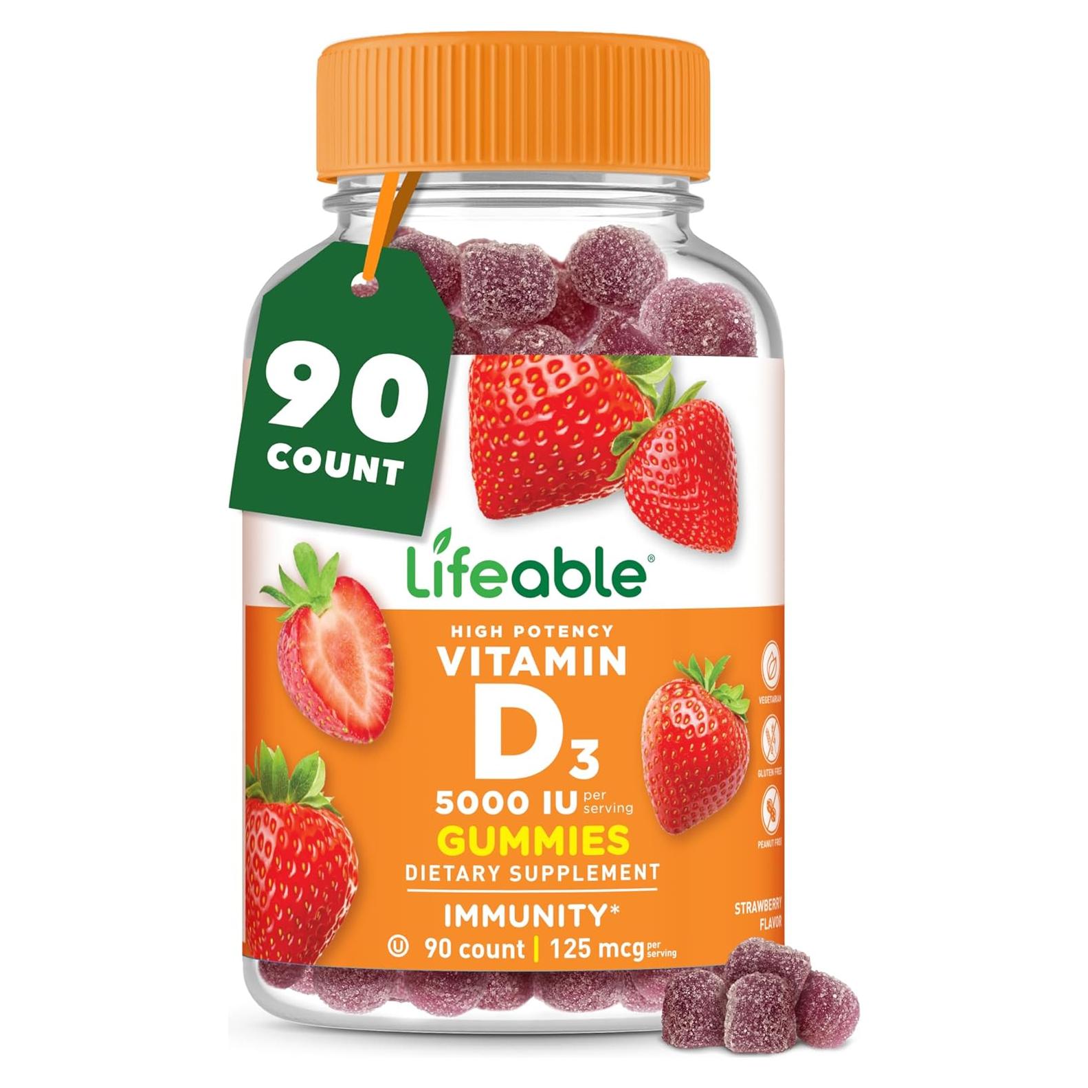 Gomitas de Vitamina D3 Lifeable 5000 UI Sabor Fresa 90 Unidades