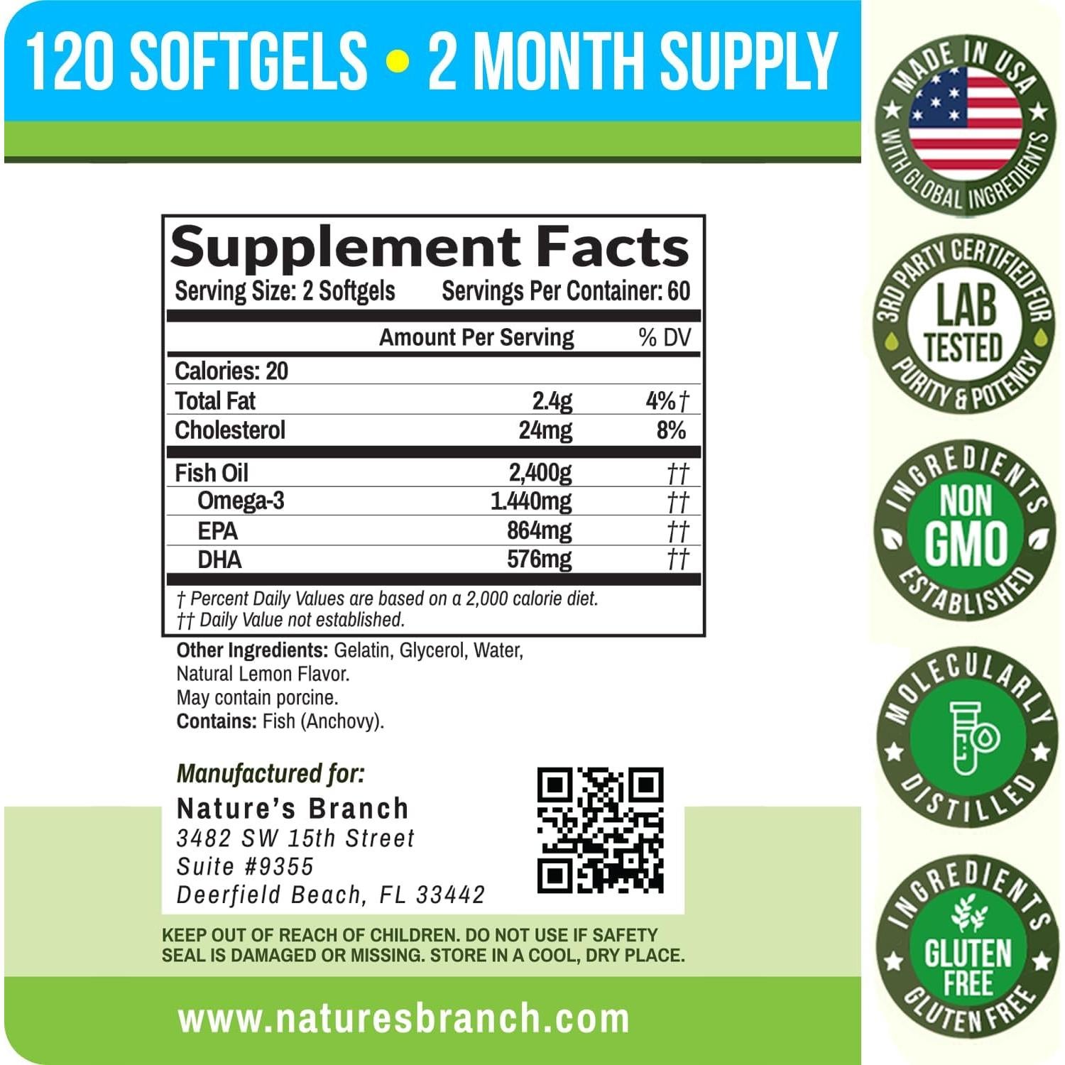 Cápsulas de Aceite de Pescado Omega 3 Nature's Branch 2400mg