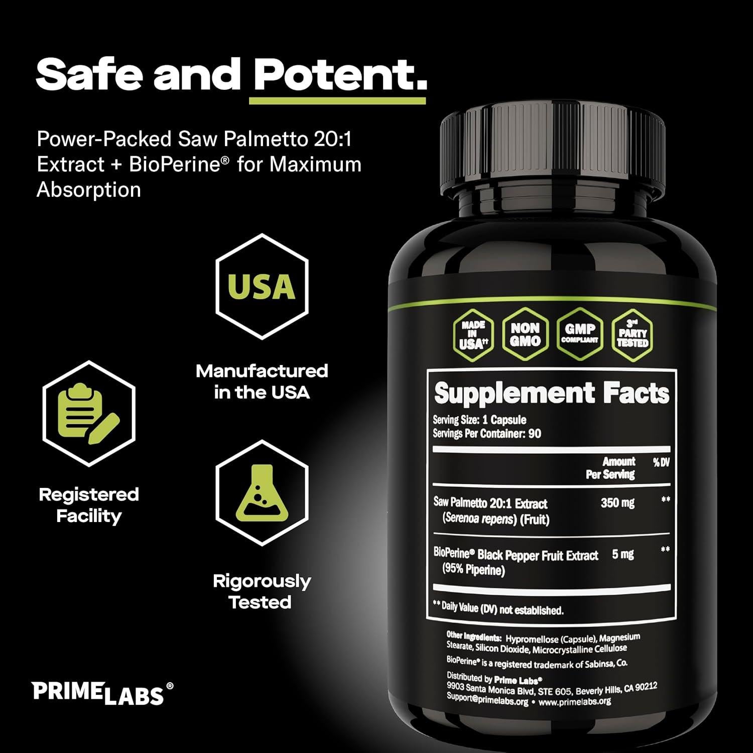 Suplemento Saw Palmetto Prime Labs 350mg 90 Cápsulas Salud Prostática