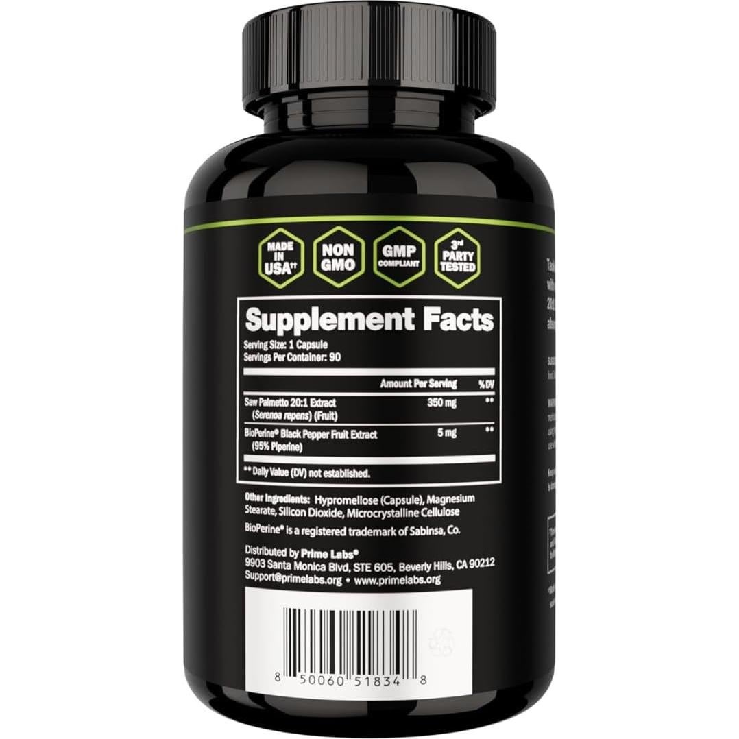 Suplemento Saw Palmetto Prime Labs 350mg 90 Cápsulas Salud Prostática