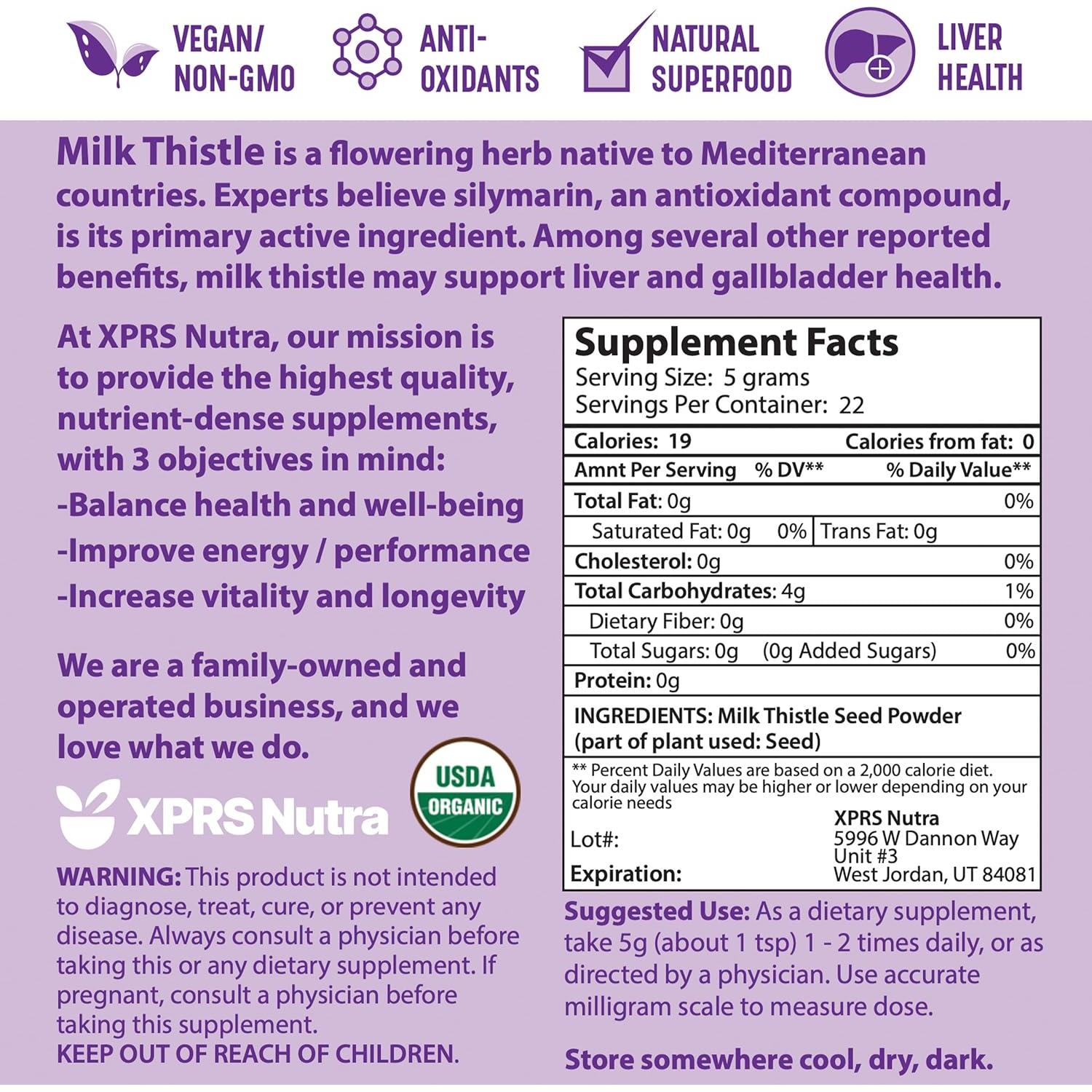 Polvo de Semilla de Cardo Lechero Orgánico XPRS Nutra 113g