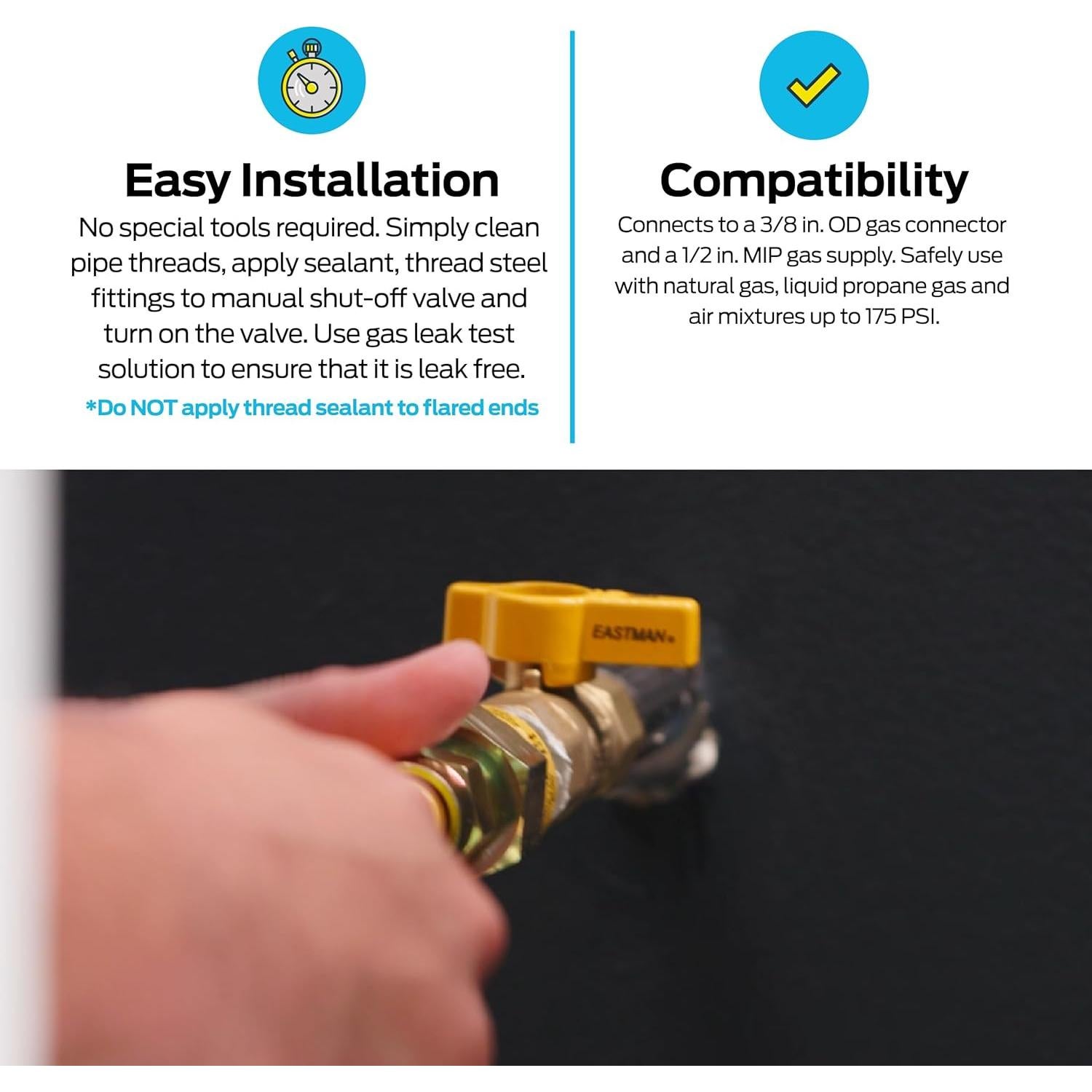 Válvula de Bola de Gas Eastman 1/2" OD x 1/2" FIP Latón