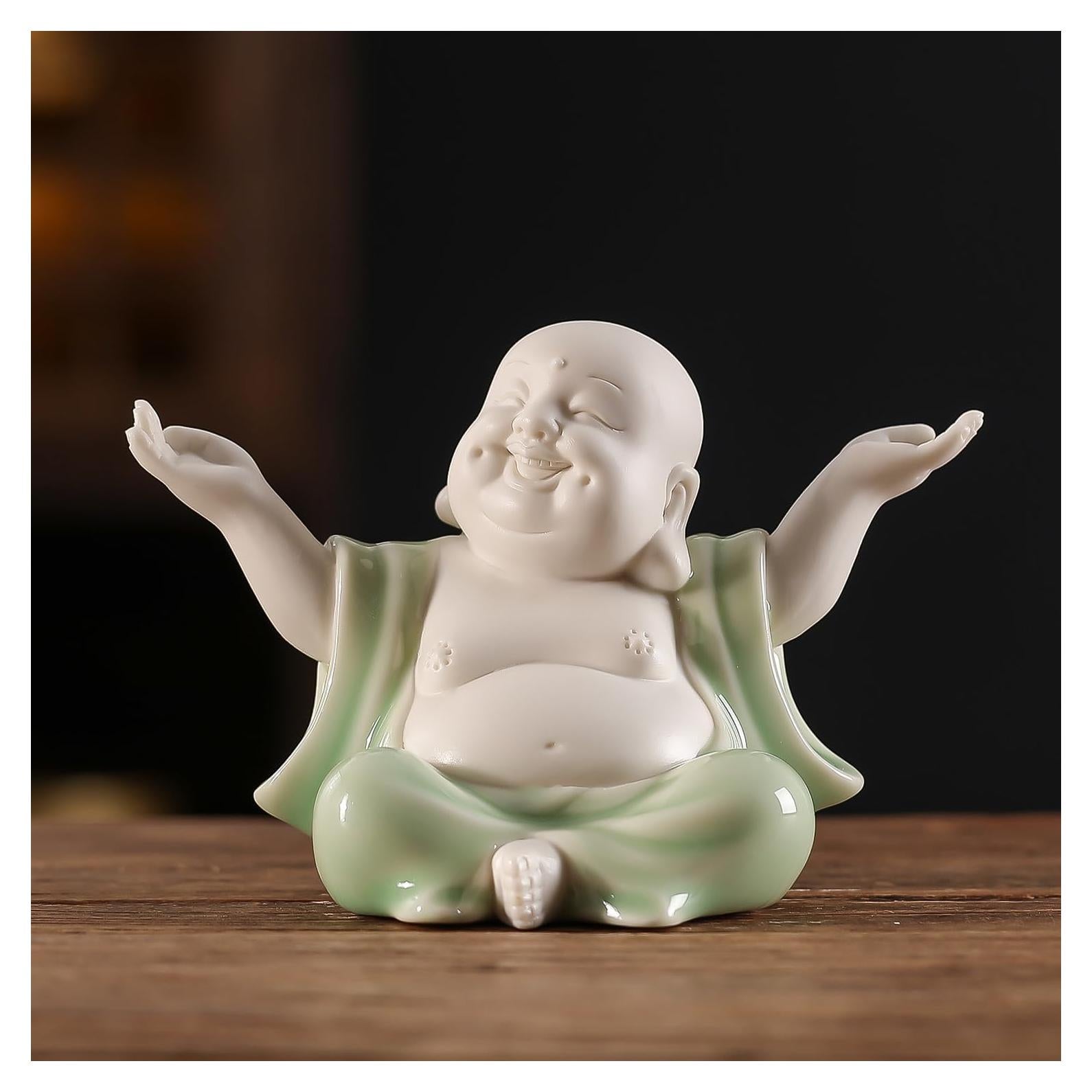 Estatua de Buda Riendo Verde Cerámica 9.4 cm Houlu