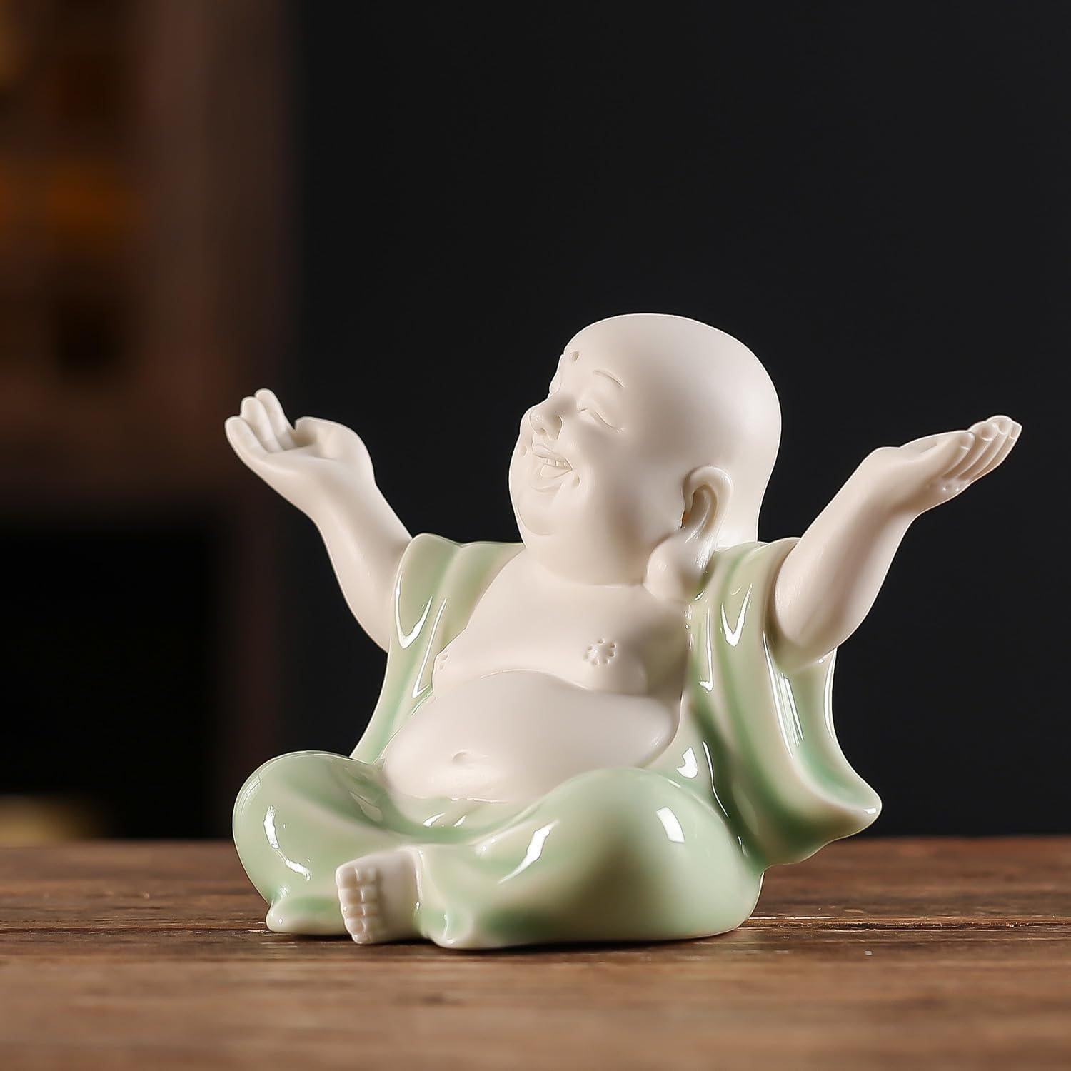 Estatua de Buda Riendo Verde Cerámica 9.4 cm Houlu
