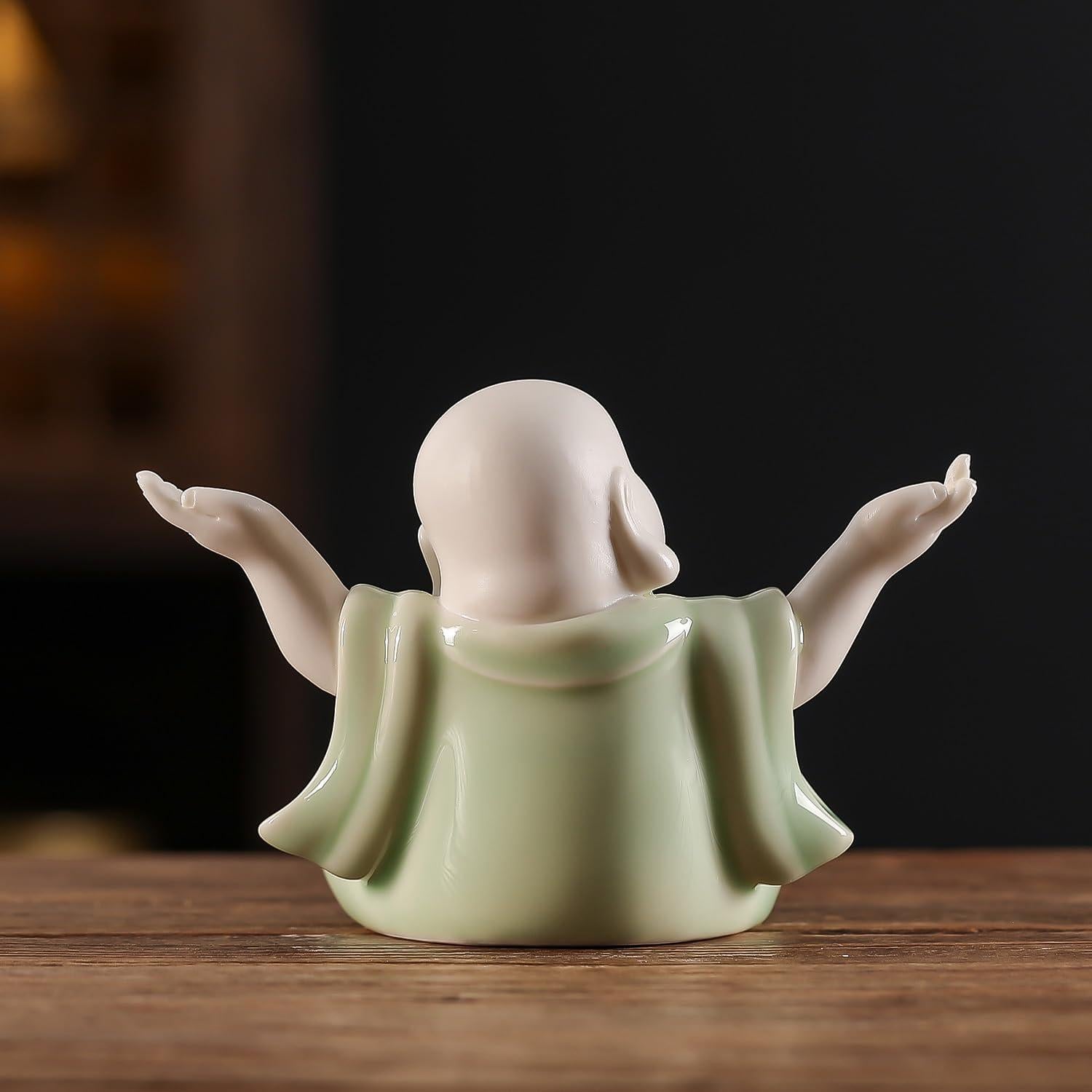 Estatua de Buda Riendo Verde Cerámica 9.4 cm Houlu