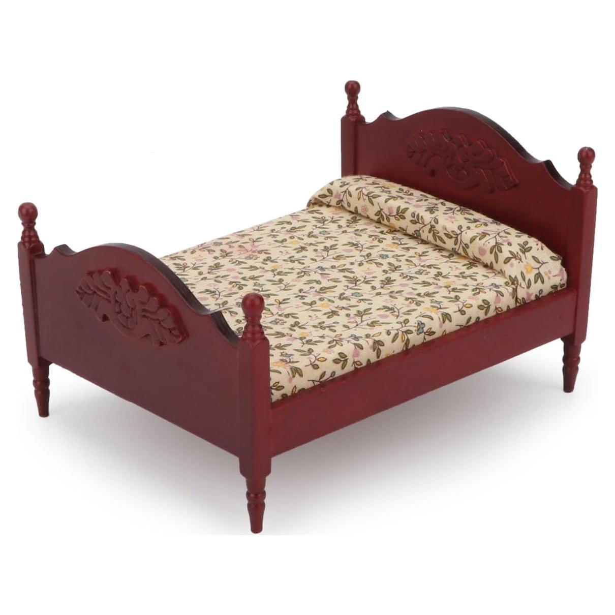Cama de madera en miniatura Cutemini 1:12 con colchón rojo