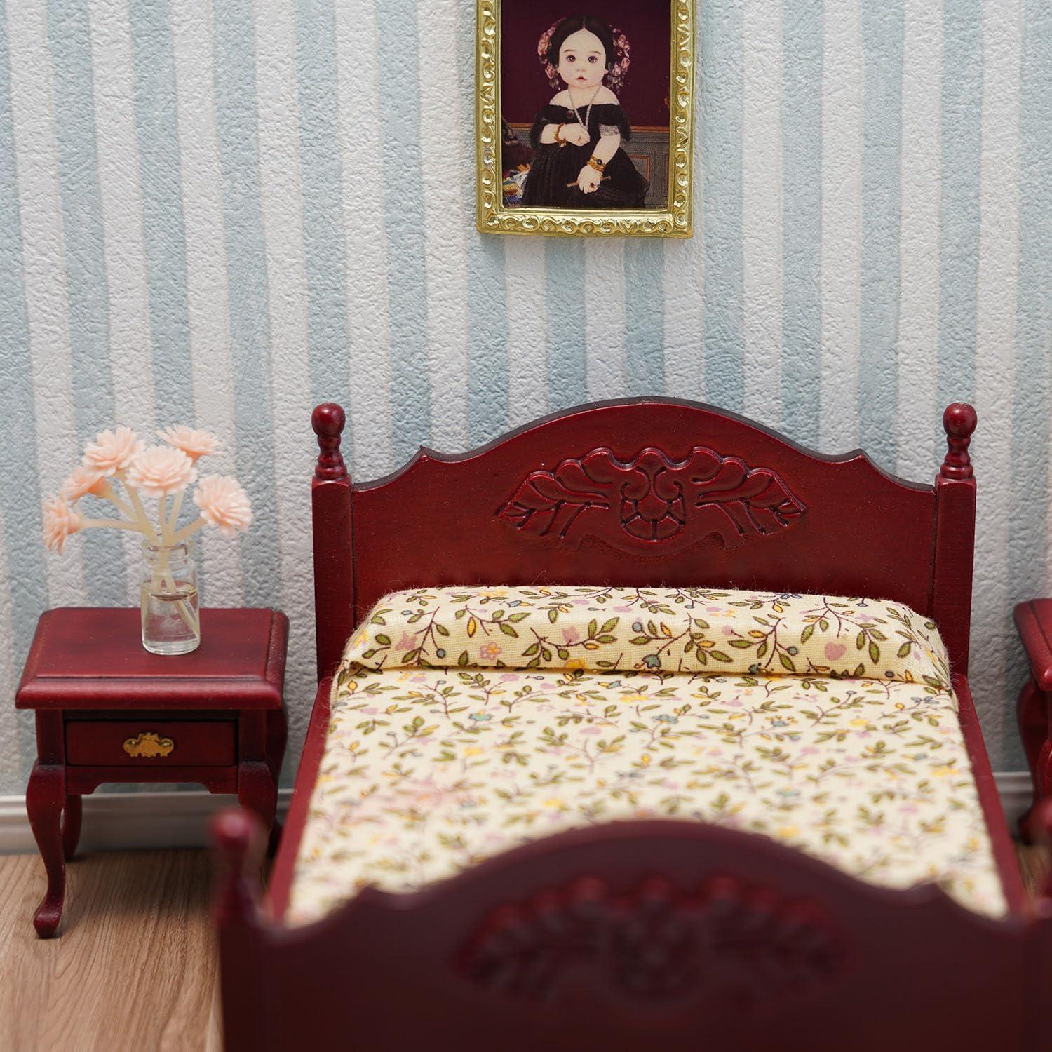 Cama de madera en miniatura Cutemini 1:12 con colchón rojo