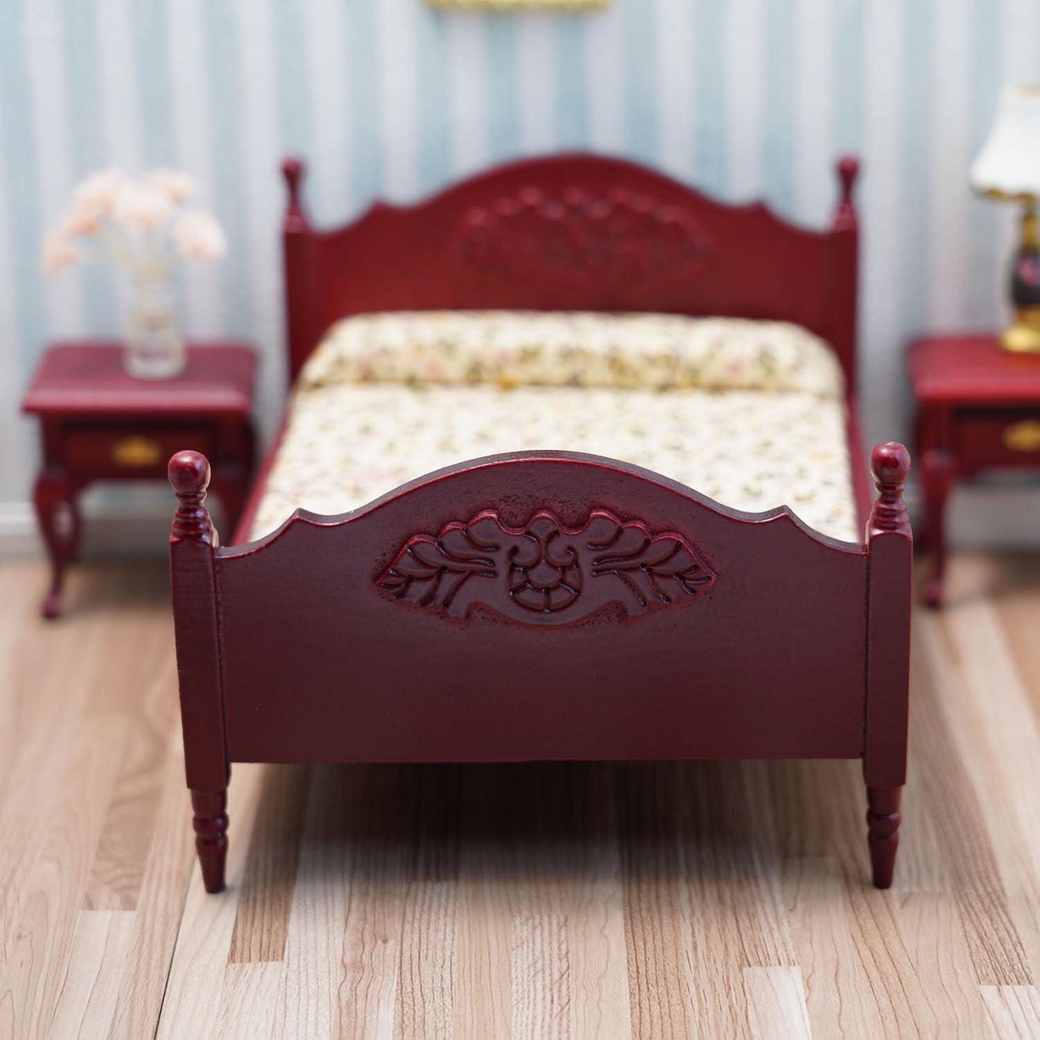 Cama de madera en miniatura Cutemini 1:12 con colchón rojo