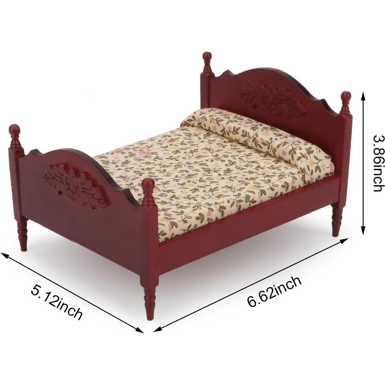 Cama de madera en miniatura Cutemini 1:12 con colchón rojo