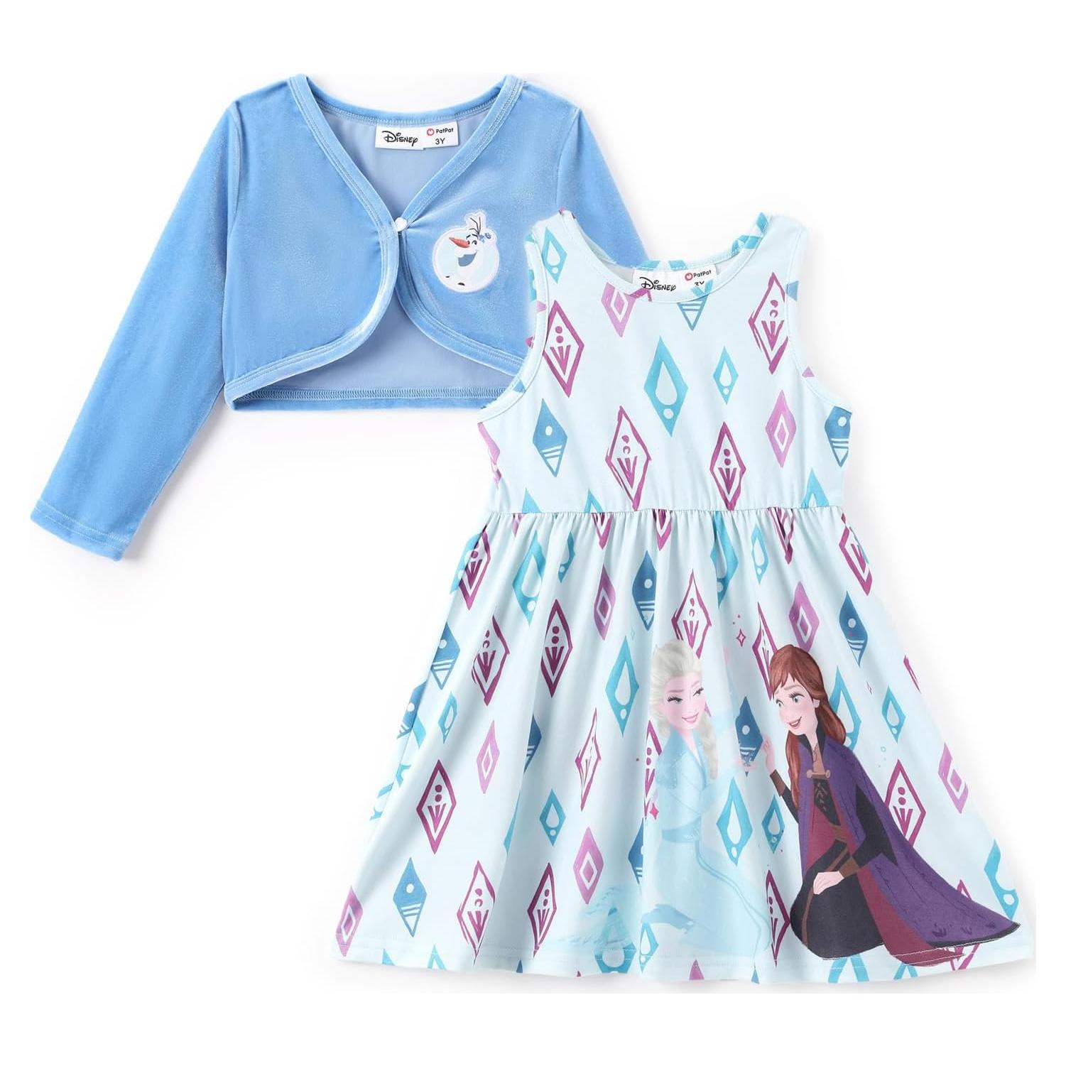 Disney Princess Frozen Elsa Minnie Mouse Toddler Girl Dress and Velvet Cardigan Sets 2pcs Long Sleeve Kids Outfit 2-6 Years
