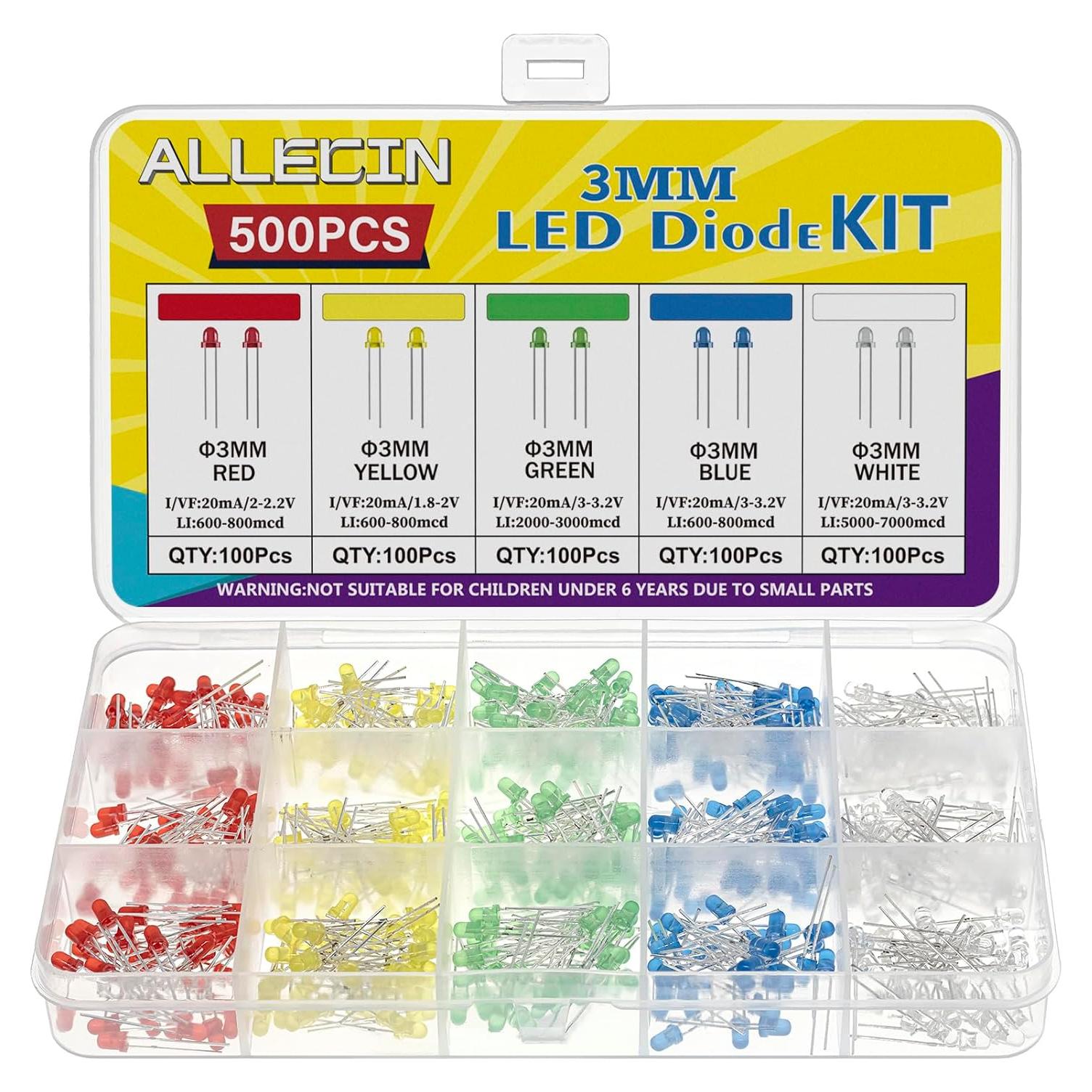 Kit de Diodos LED 3MM ALLECIN 500pcs 5 Colores Bajo Voltaje