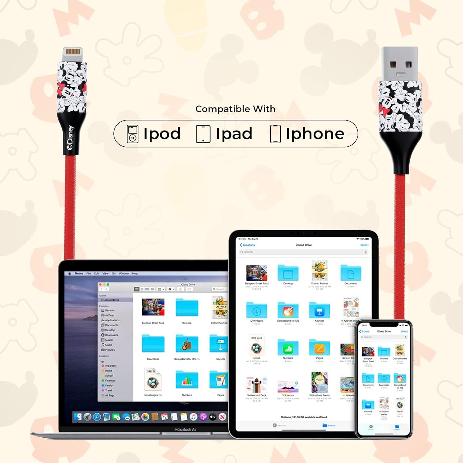 Cargador USB Trenzado Disney Minnie Mouse 1.83m MFI Rápido