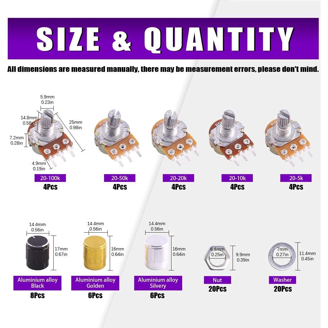Kit 60PCS Potenciómetros Lineales Swpeet B5K a B100K Ohm