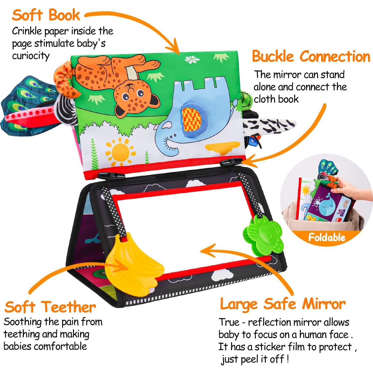 Espejo Sensorial para Bebés Basytodio con Libros de Tela 0-6 Meses