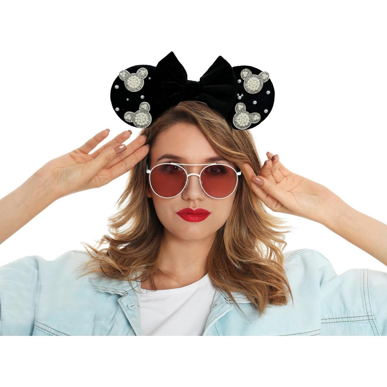 Diadema de Orejas de Ratón con Rhinestones y Perlas 10 cm