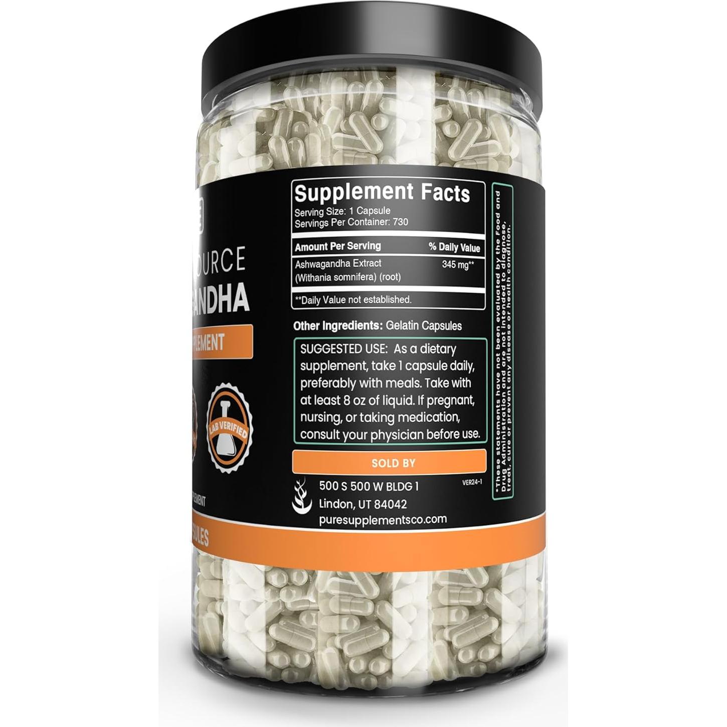 Cápsulas de Ashwagandha Puras Ingredientes Orgánicos 730 Unidades