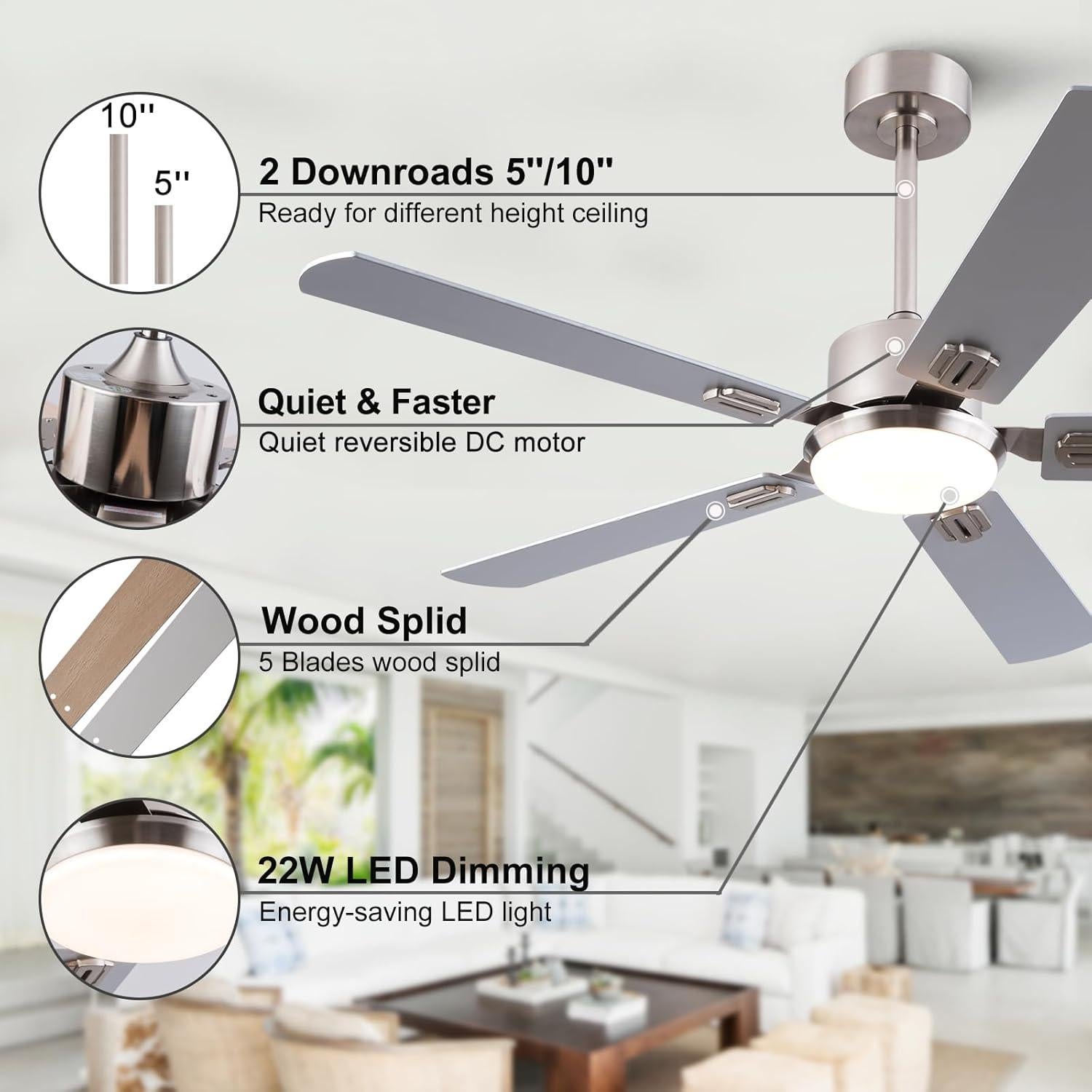 Ventilador de Techo KENSID 132 cm con Luz LED y Control Remoto