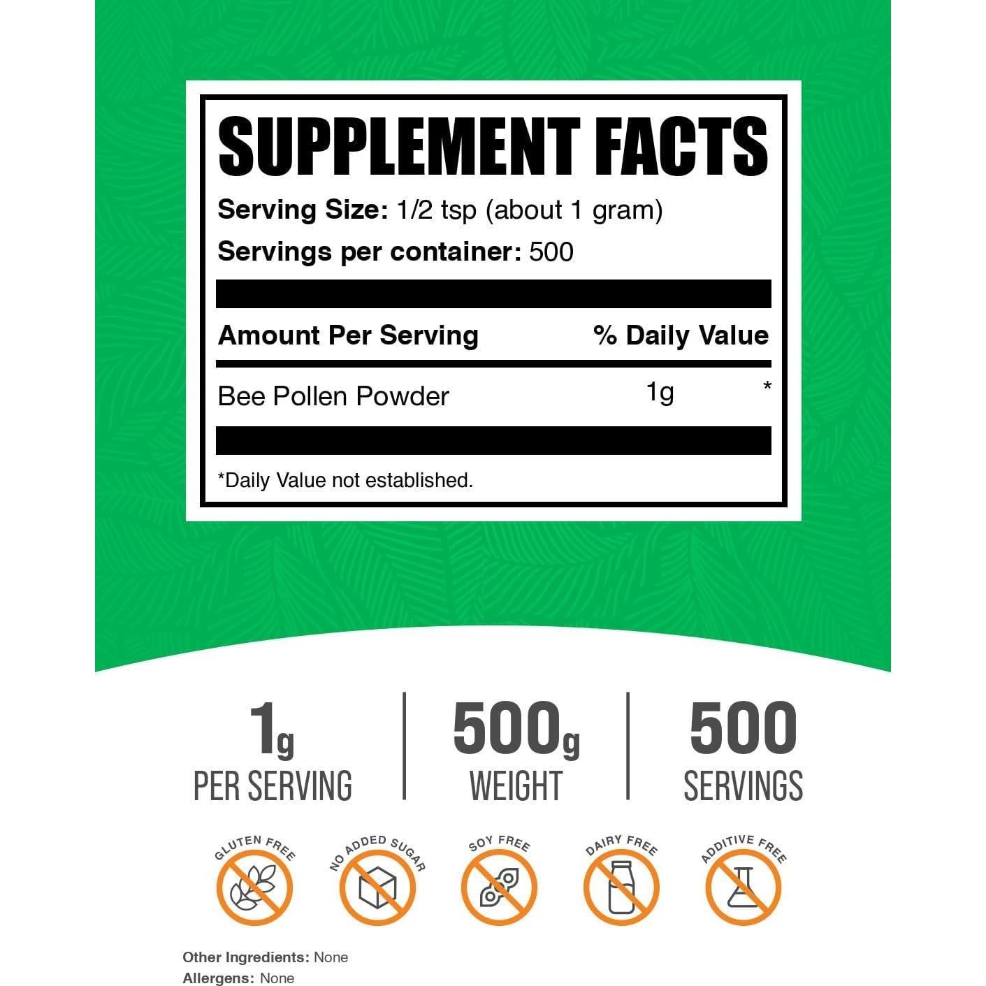 Polvo de Polen de Abeja BulkSupplements 500g - Suplemento Inmunológico