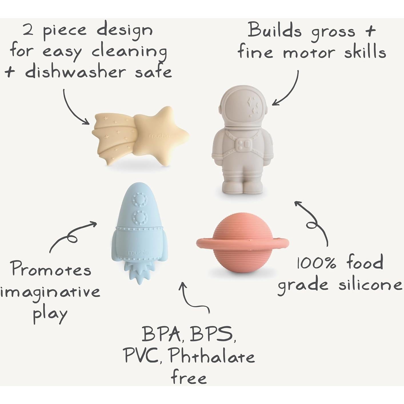 Set de Juguetes de Baño Espaciales Mushie - Silicona 100% Segura