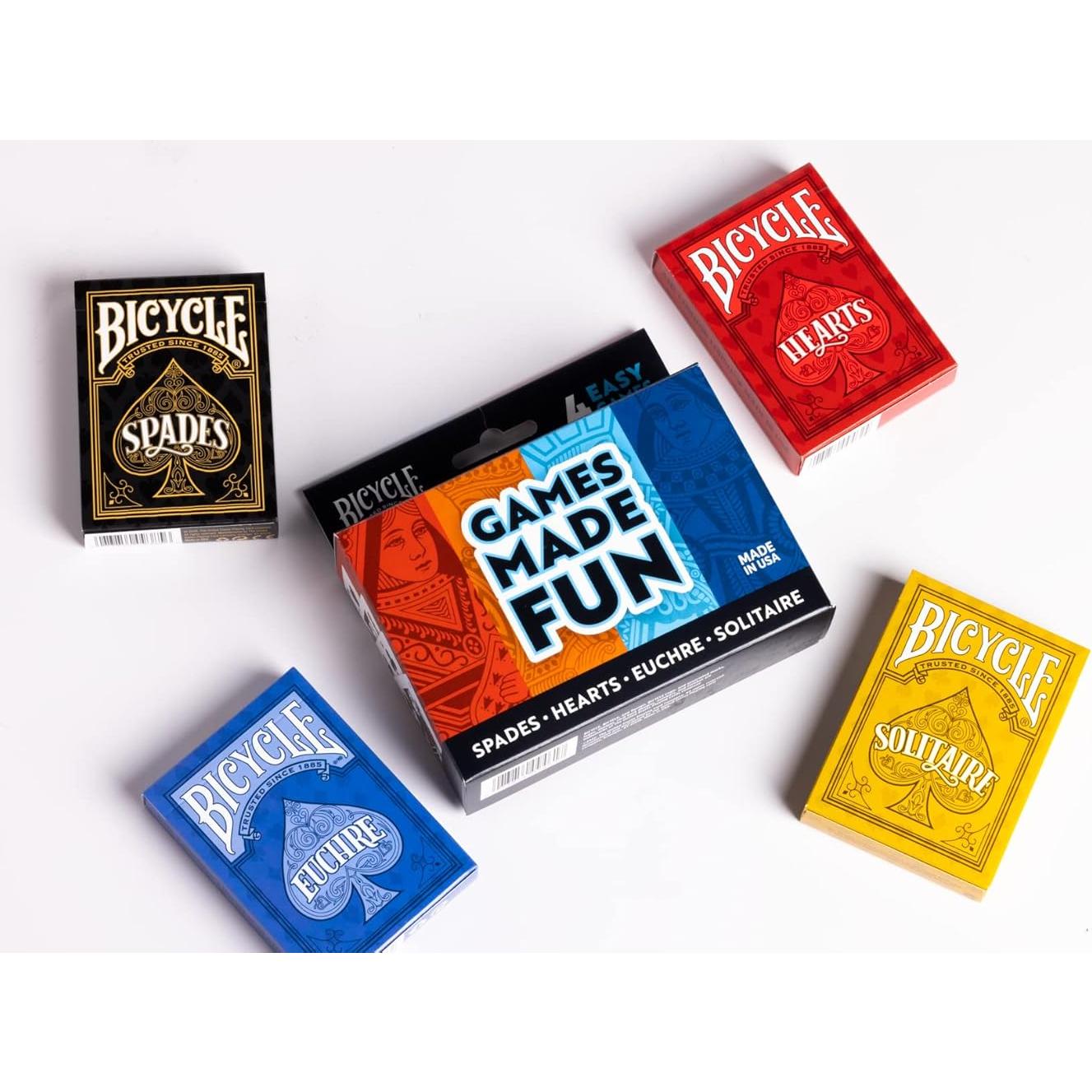 Paquete de 4 Juegos de Cartas Bicicleta: Euchre, Solitario, Espadas, Corazones