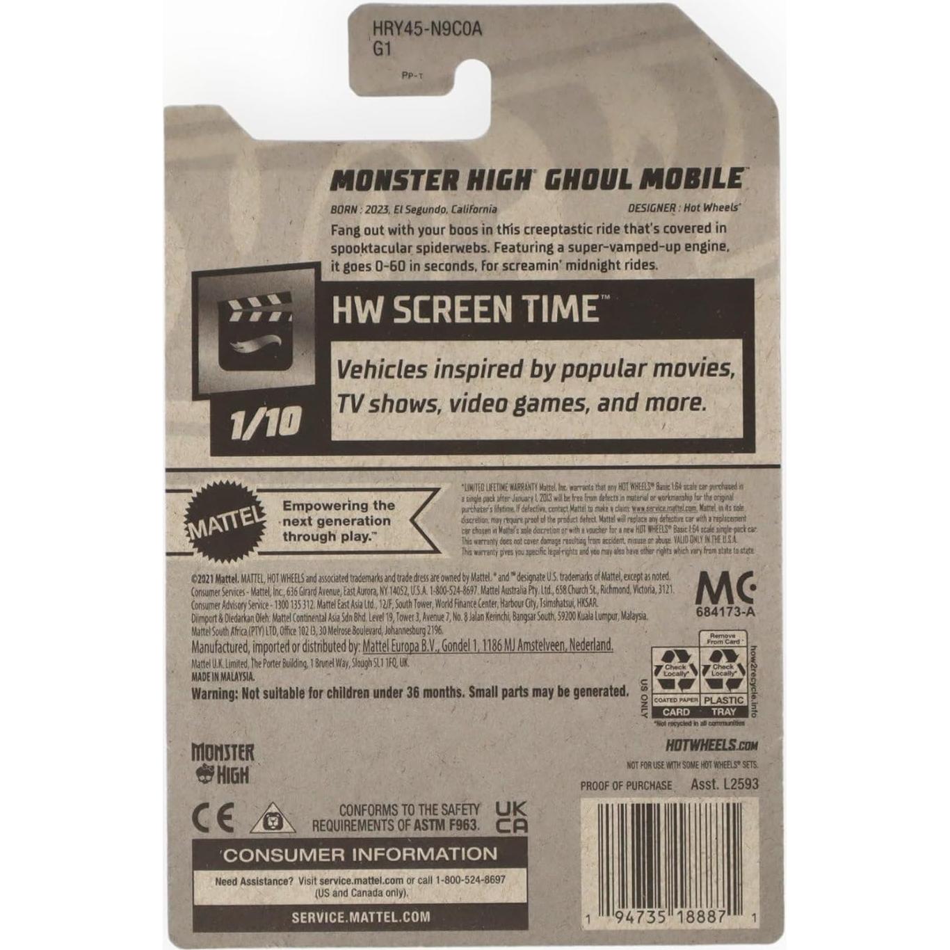 Hot Wheels Ghoul Mobile Monster High 1:64 Púrpura