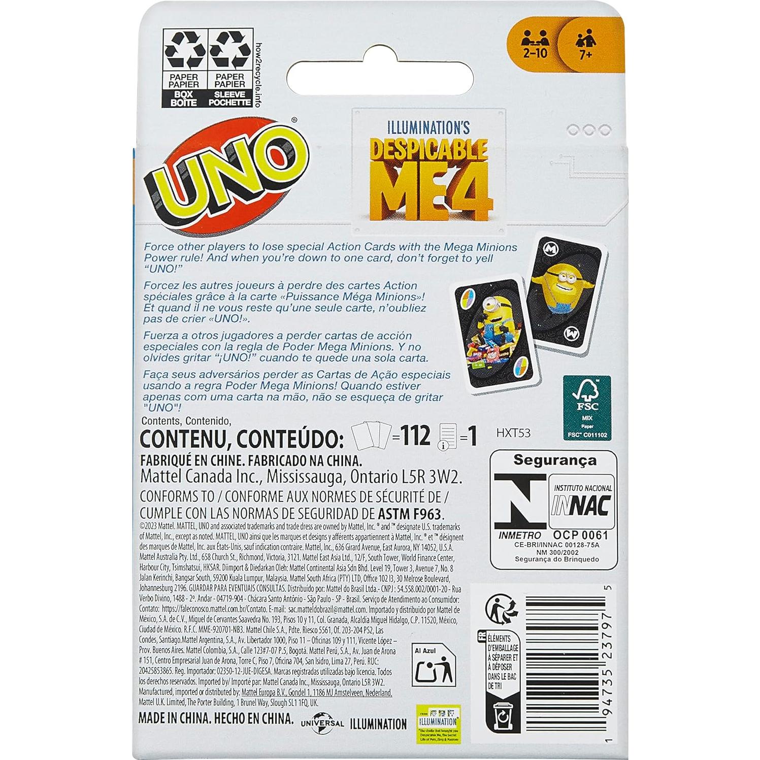 Juego de Cartas UNO Despicable Me 4 Mattel para Niños y Familias